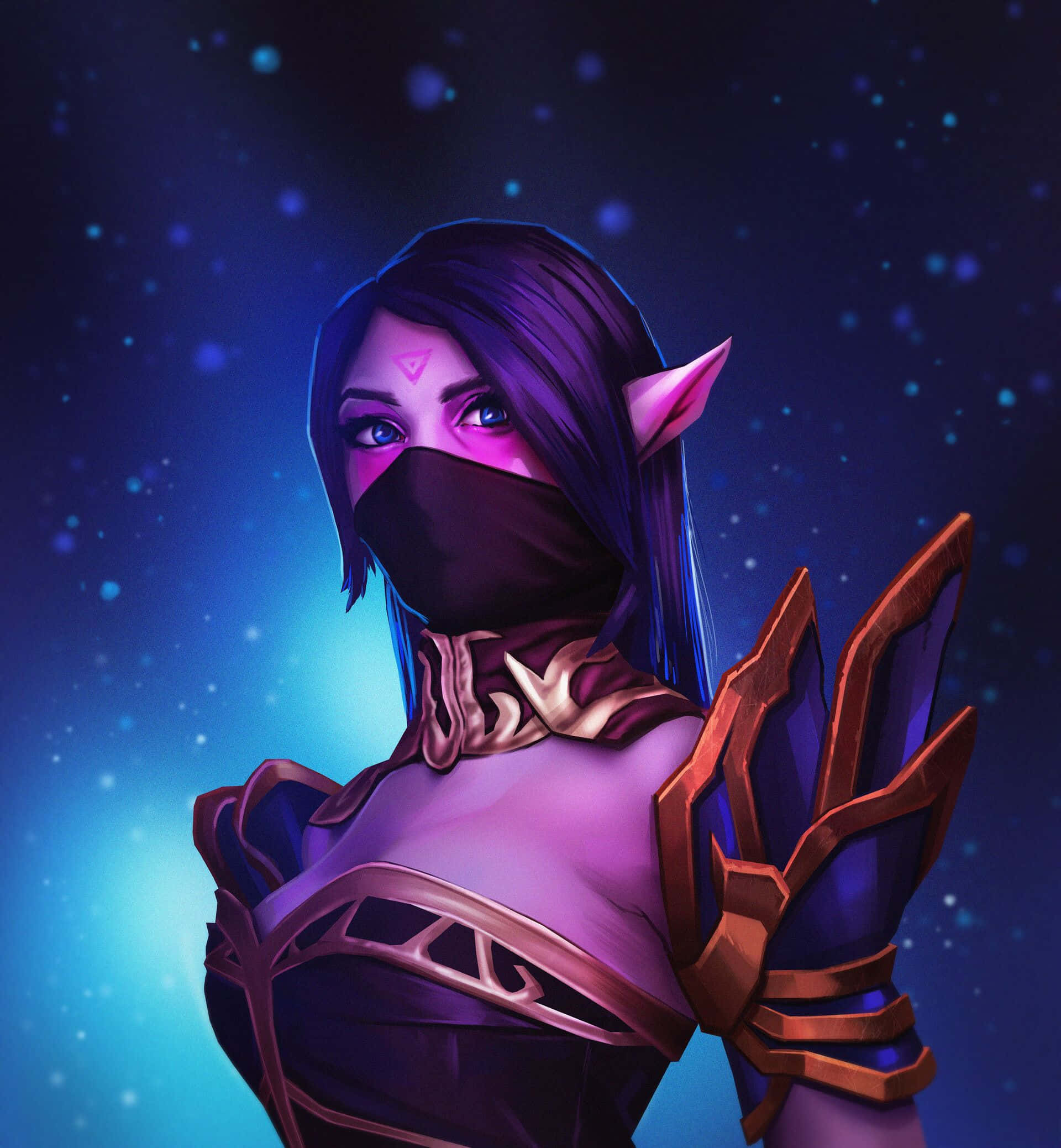 Templar Assassin 桌布 壁紙 — 一位戴面具的精靈戰士，紫色頭髮，發光的眼睛，穿著華麗盔甲，站在星光宇宙背景前。