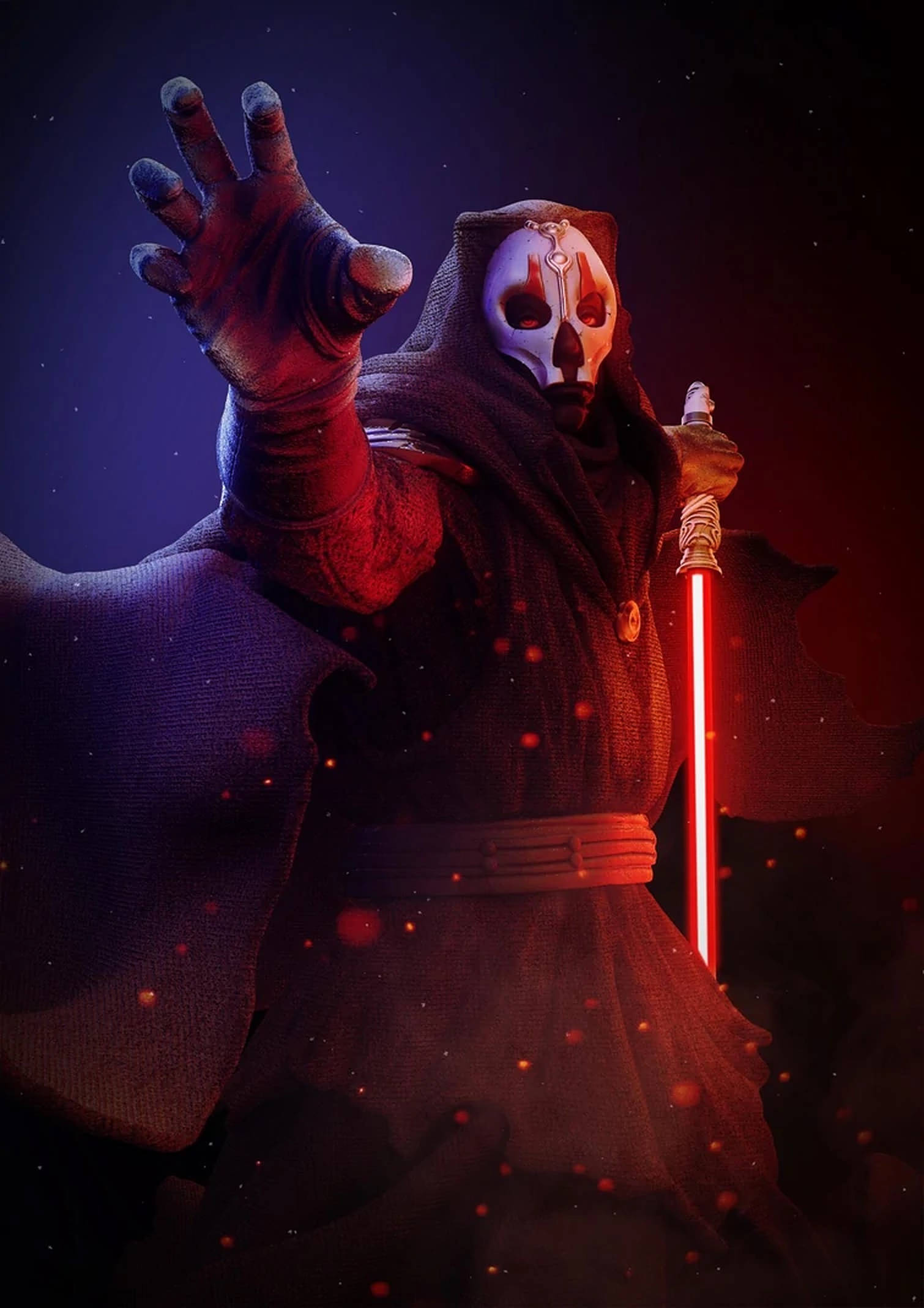 Darth Nihilus 桌布 壁紙 — 一位戴面具的西斯尊主身穿暗色長袍，舉起一隻手持紅色光劍，背景是星光燦爛的宇宙。