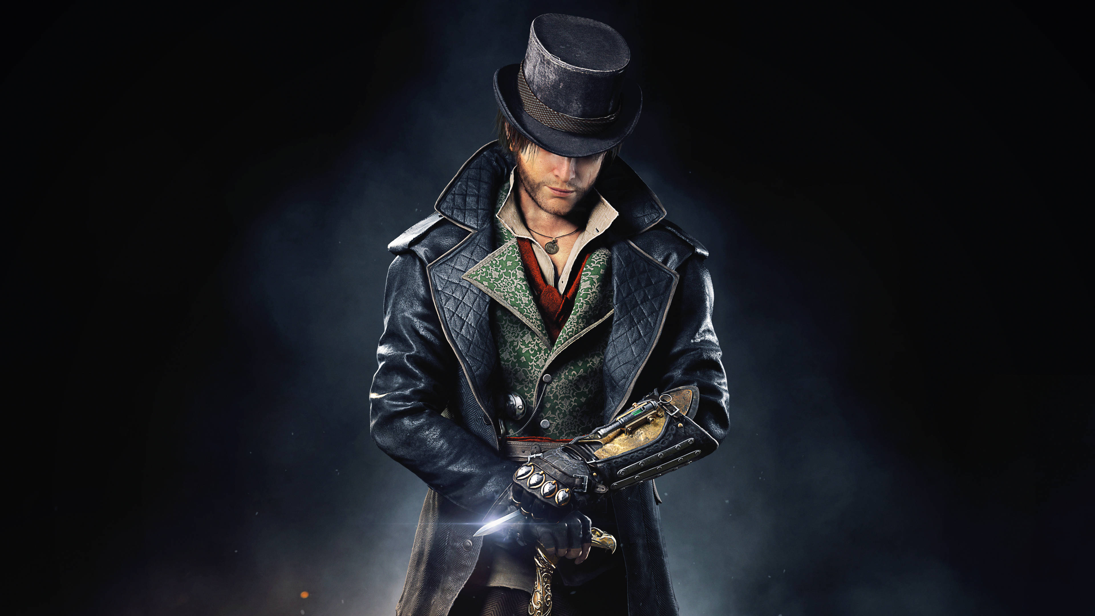 game 桌布 壁紙 — 一位戴高帽、穿皮衣的蒸氣龐克冒險家，在煙霧瀰漫的黑暗背景下，手持一把發光的機械手槍。