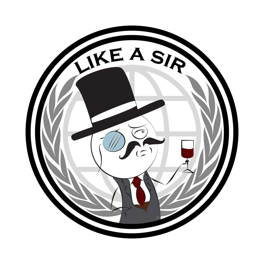 Discord 桌布 壁紙 — 一位戴高帽和單片眼鏡的卡通紳士，在帶有月桂花環和地球背景的圓形徽章中手持酒杯。