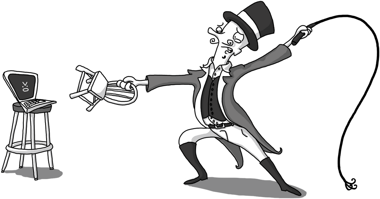 Magician 桌布 壁紙 — 一位戴高帽的卡通紳士戲劇性地將椅子扔向黑色背景下的凳子上的筆記型電腦。