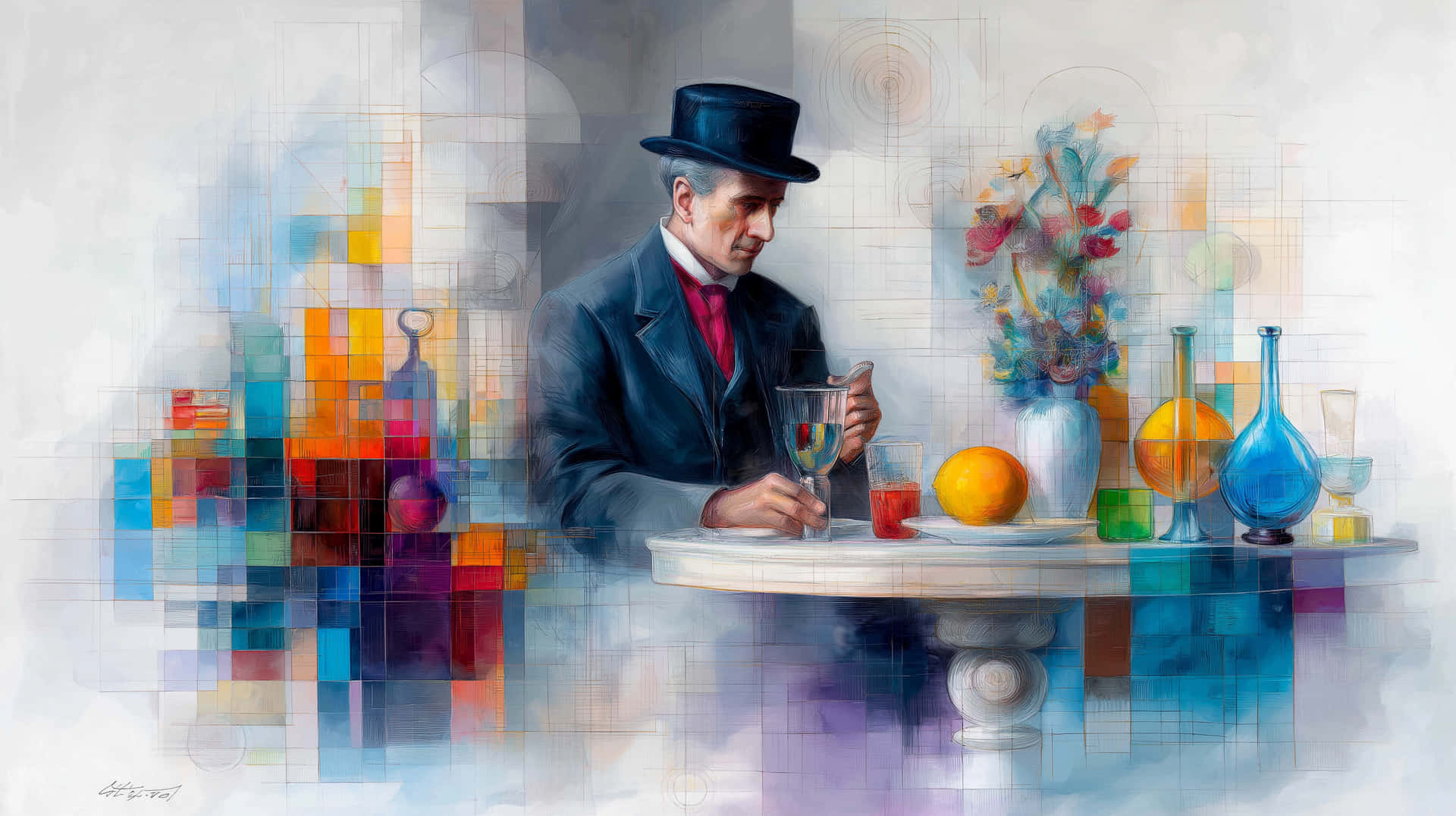 Artistic portrait with abstract background, Picasso-Feininger style 壁紙 — 一位戴高帽的紳士在擺滿彩色玻璃器皿和花瓶的桌子旁喝茶，背景是碎片化的抽象圖案。
