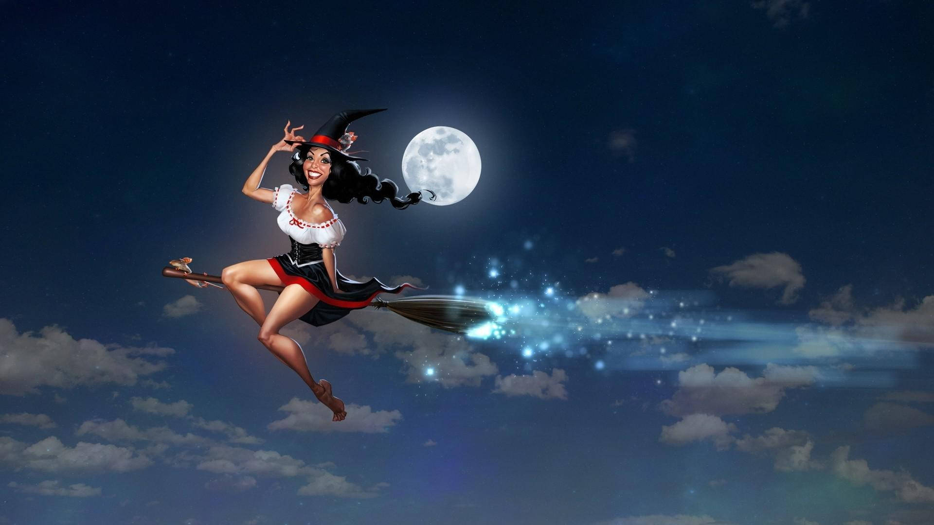 Witchy 桌布 壁紙 — 一位戴黑帽、穿紅裙的快樂女巫在滿月下騎著掃帚飛行，留下一條閃爍的痕跡。