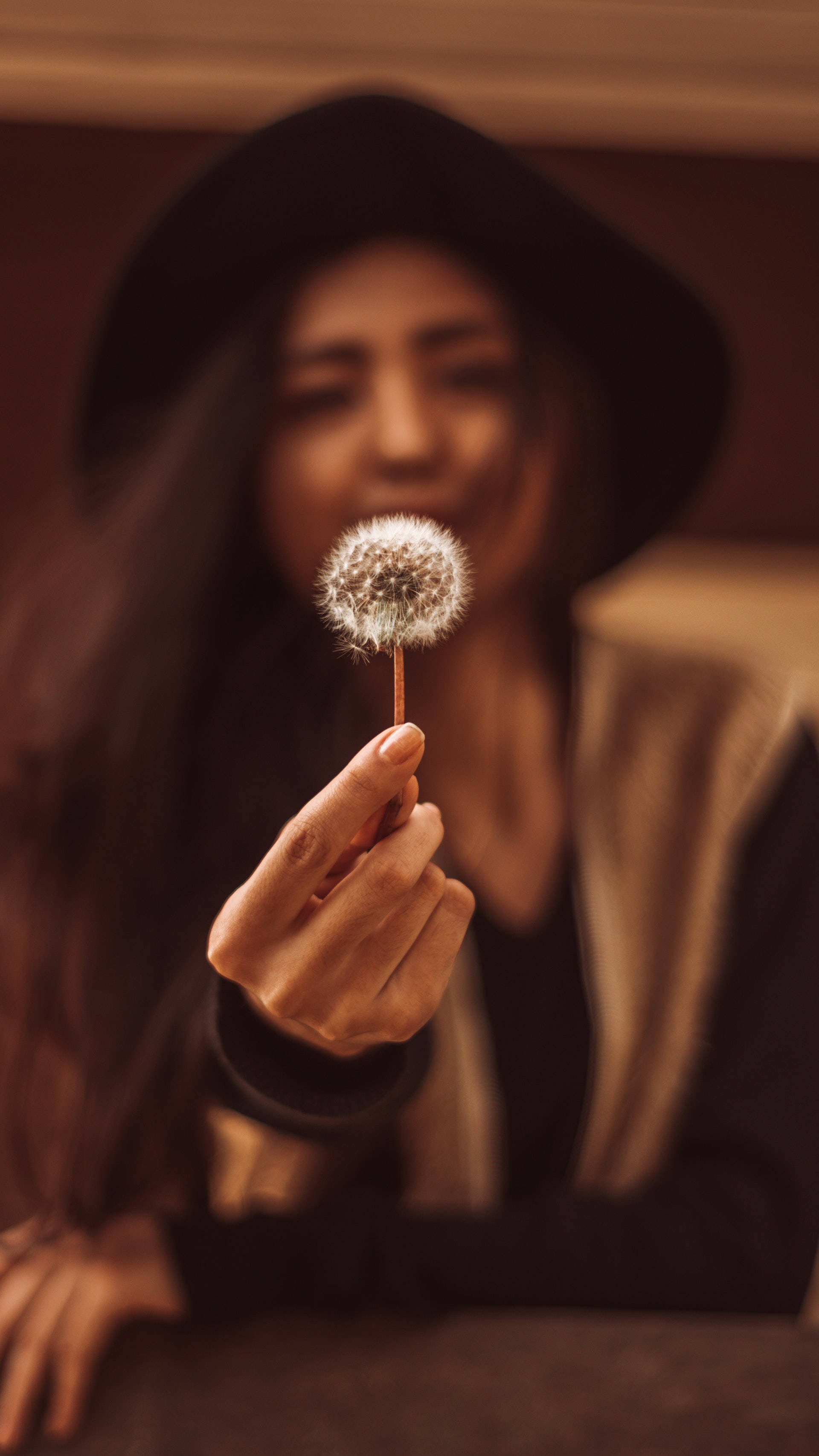 Dandelion 桌布 壁紙 — 一位戴黑色帽子的女性手持蒲公英種子頭部，焦點清晰，而她的臉在後面柔和地模糊。