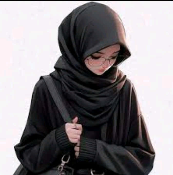 HIJAB GIRL 壁紙 — 一位戴黑色頭巾和眼鏡的年輕女性，在白色背景前低頭，手握黑色手提包帶。
