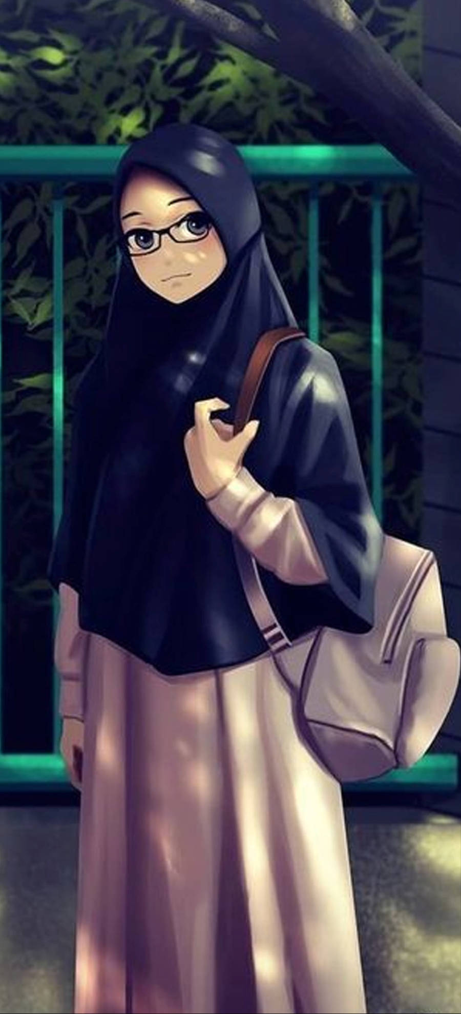hijab cartoon 桌布 壁紙 — 一位戴黑色頭巾和眼鏡的年輕女性夜晚站在樹下，拿著一個米色手提包。