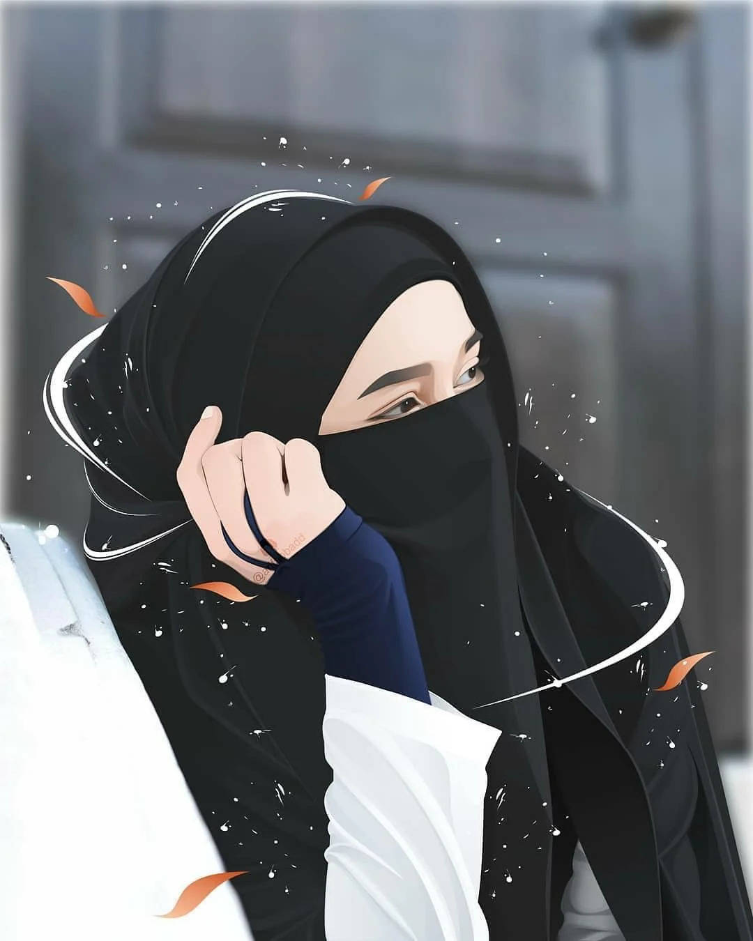 muslim 桌布 壁紙 — 一位戴黑色頭巾的女性，露出一隻眼睛，調整她的面紗，橙色樹葉在她周圍旋轉，形成柔和的數位插圖。