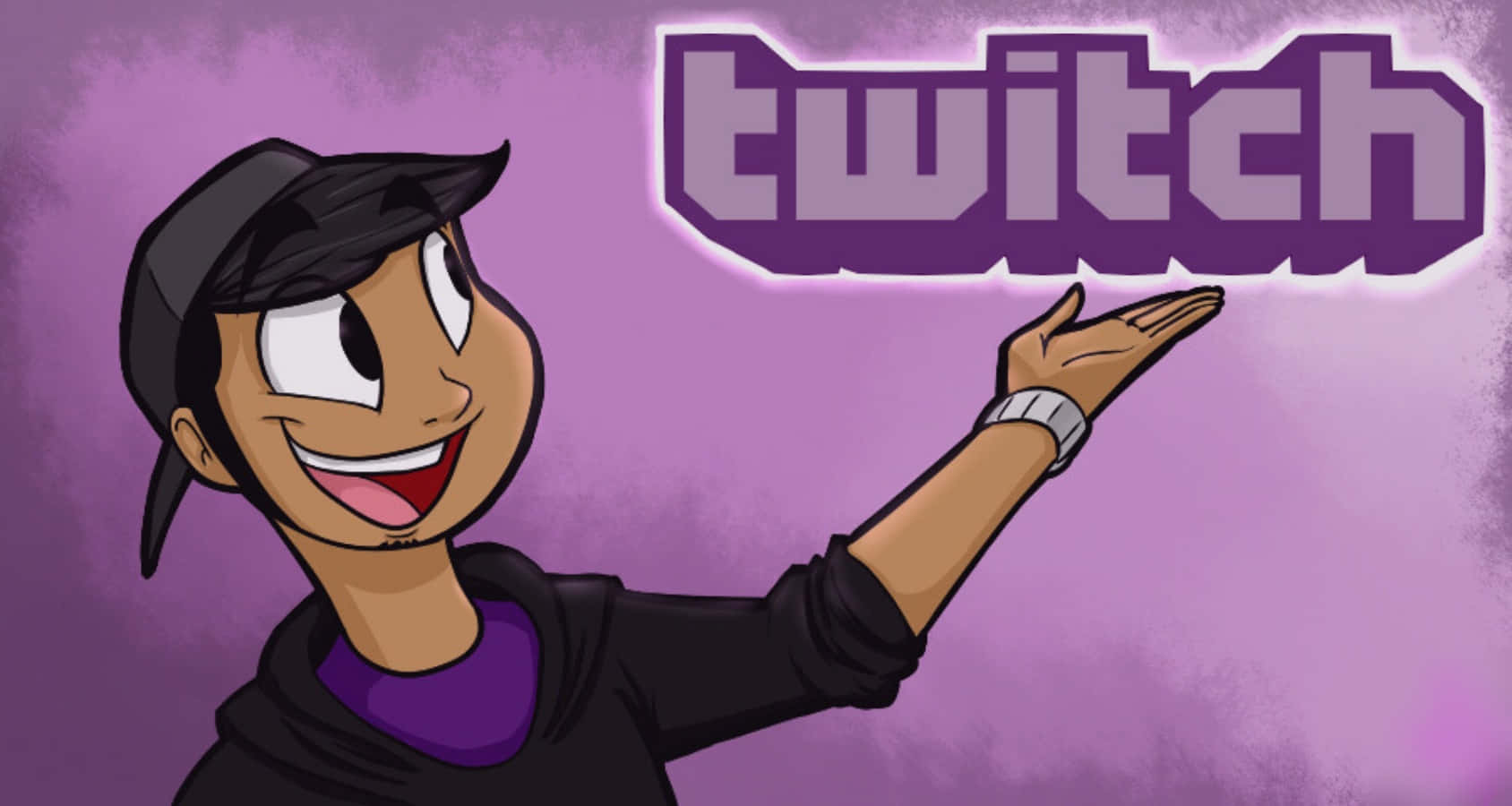 Twitch 桌布 壁紙 — 一位戴黑色鴨舌帽和連帽衫的開朗動漫風格實況主，在紫色漸層背景前指向發光的Twitch標誌。