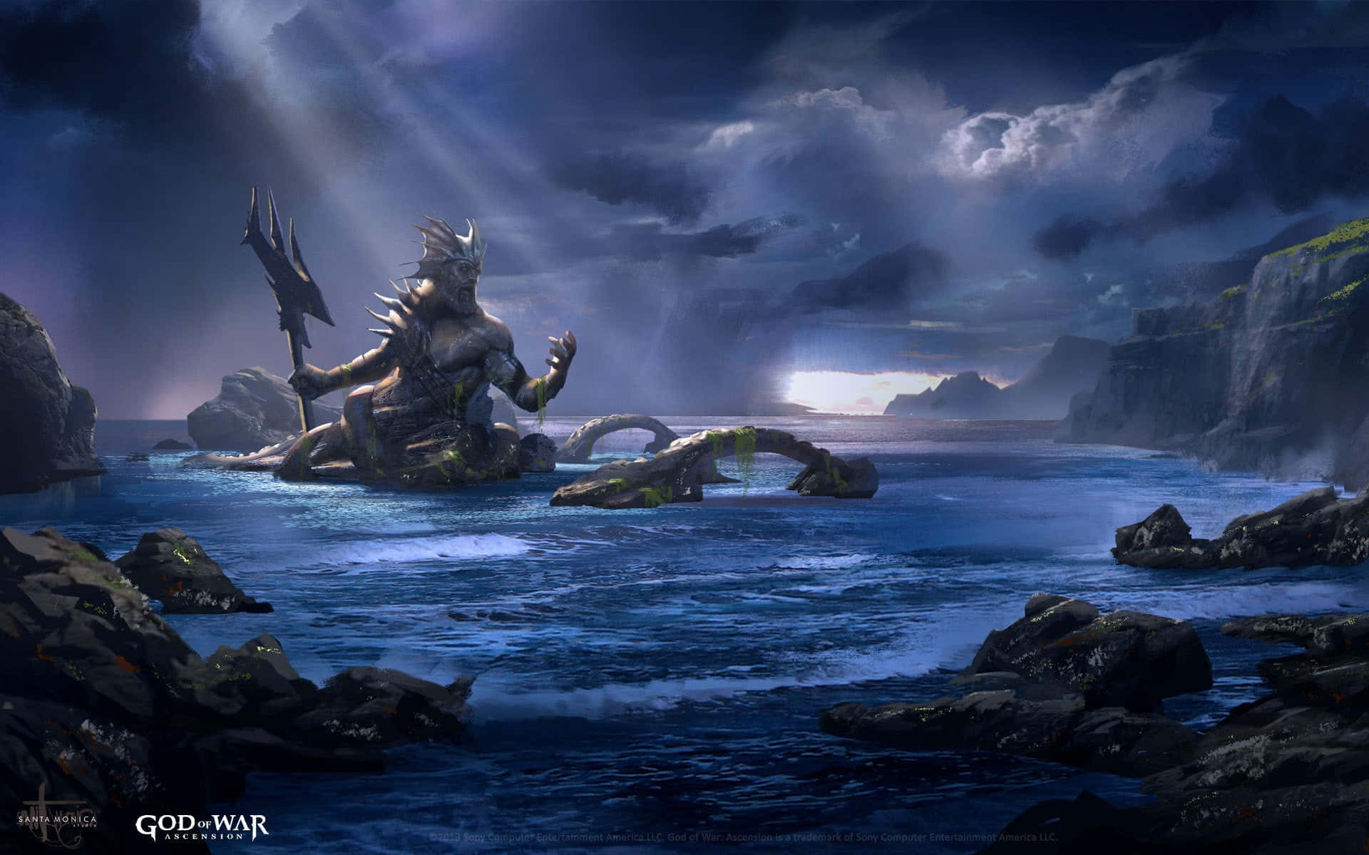 Mythical 桌布 壁紙 — 一位手持三叉戟、戴著王冠的巨型海神，坐在風暴海洋中的岩石小島上，背景是戲劇性的黃昏天空。