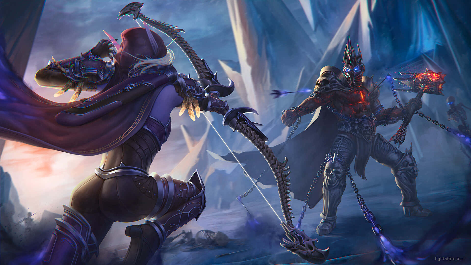 World Of Warcraft Shadowlands 桌布 壁紙 — 一位手持尖刺弓的黑暗奇幻戰士，在崎嶇的冰洞中面對揮舞火焰錘的骷髏王。