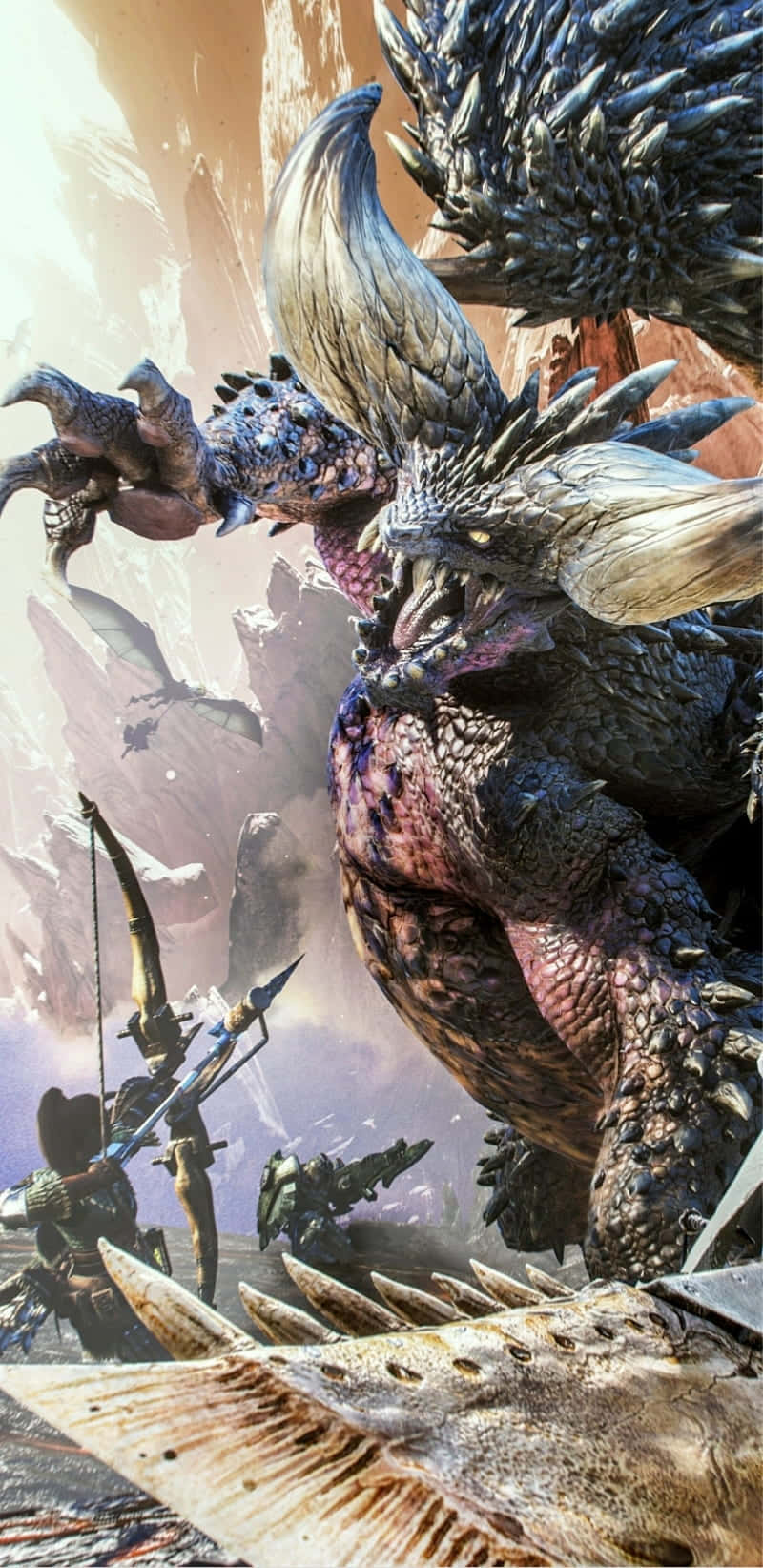 720p Monster Hunter World 桌布 壁紙 — 一位手持弓箭和長矛的獵人在陽光明媚的岩石峽谷中面對一隻巨大的尖刺龍。