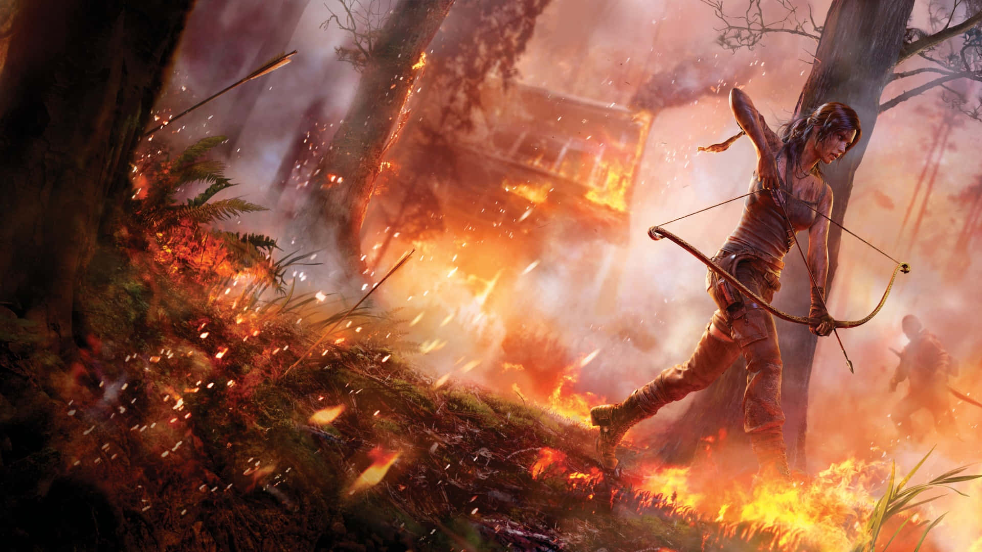 Tomb Raider Game 桌布 壁紙 — 一位手持弓箭的女戰士跑過燃燒的森林，火焰吞噬了她身後一輛燃燒的車輛。