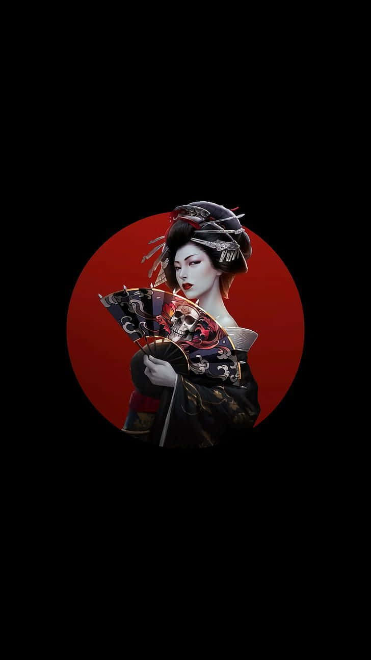 日本 桌布 壁紙 — 一位手持骷髏扇的藝妓站在黑色背景的紅色圓圈內，風格化的數位藝術。
