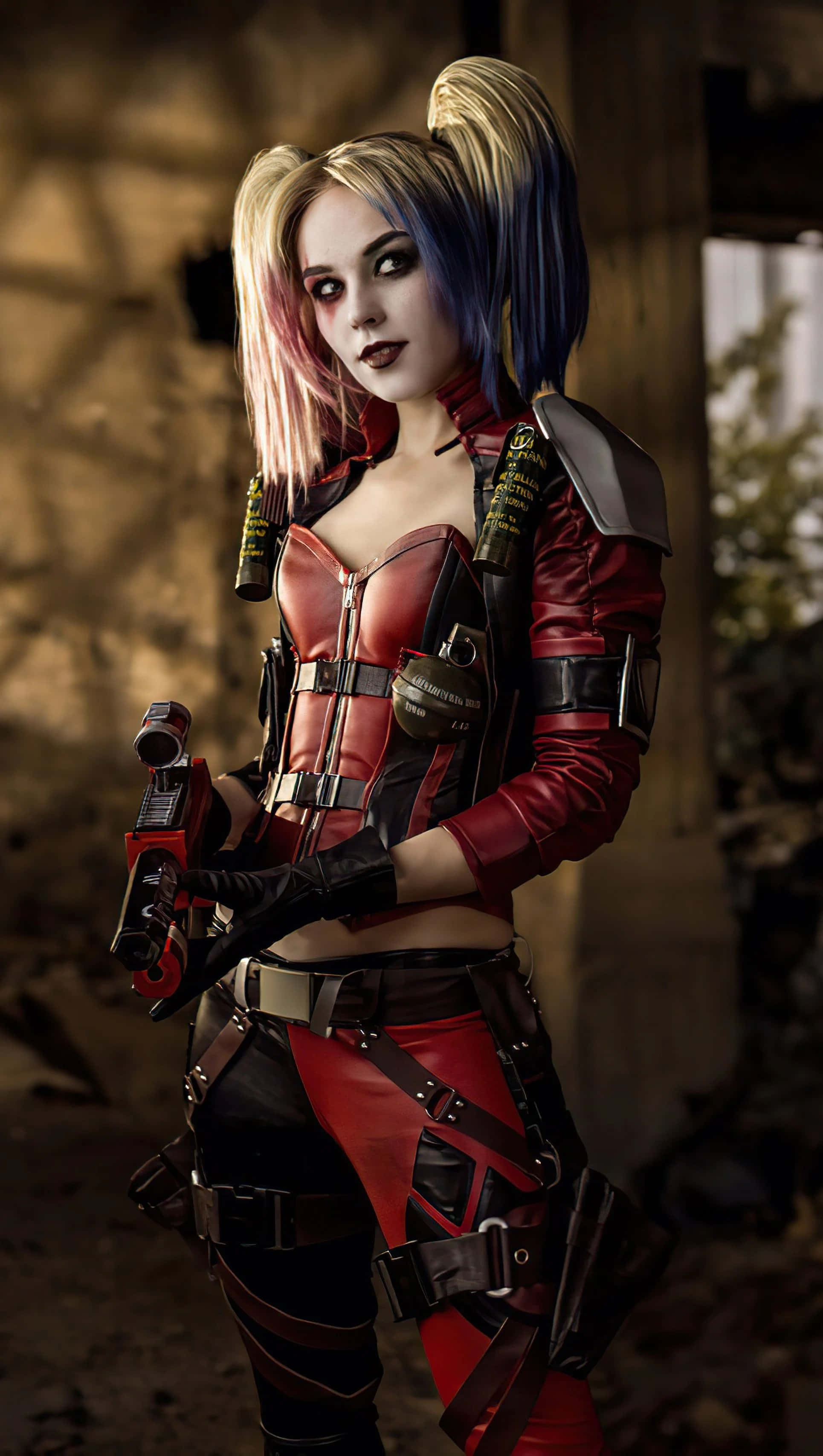Harley Quinn Cosplay 桌布 壁紙 — 一位扮演哈莉·奎茵的角色扮演者自信地站在破舊建築物中，身穿紅黑皮革服裝，雙馬尾造型。