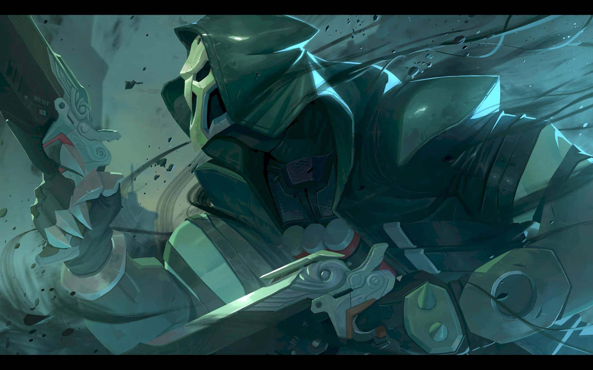 Aesthetic Overwatch 桌布 壁紙 — 一位披著斗篷、身穿裝甲的戰士，雙眼發光，在深青綠色和灰色的數位戰鬥場景中，於旋轉的碎片中揮舞著一把未來風格的刀刃。