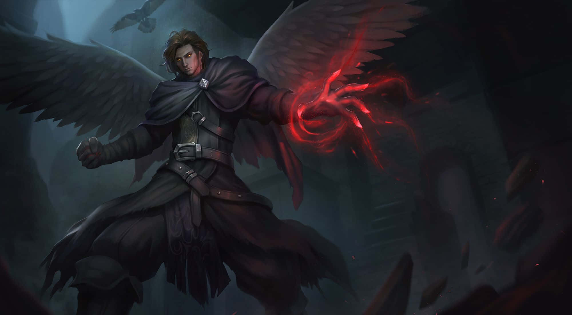 Dark Magic 桌布 壁紙 — 一位披著斗篷的暗翼戰士在陰暗、崩塌的廢墟中引導發光的紅色能量。