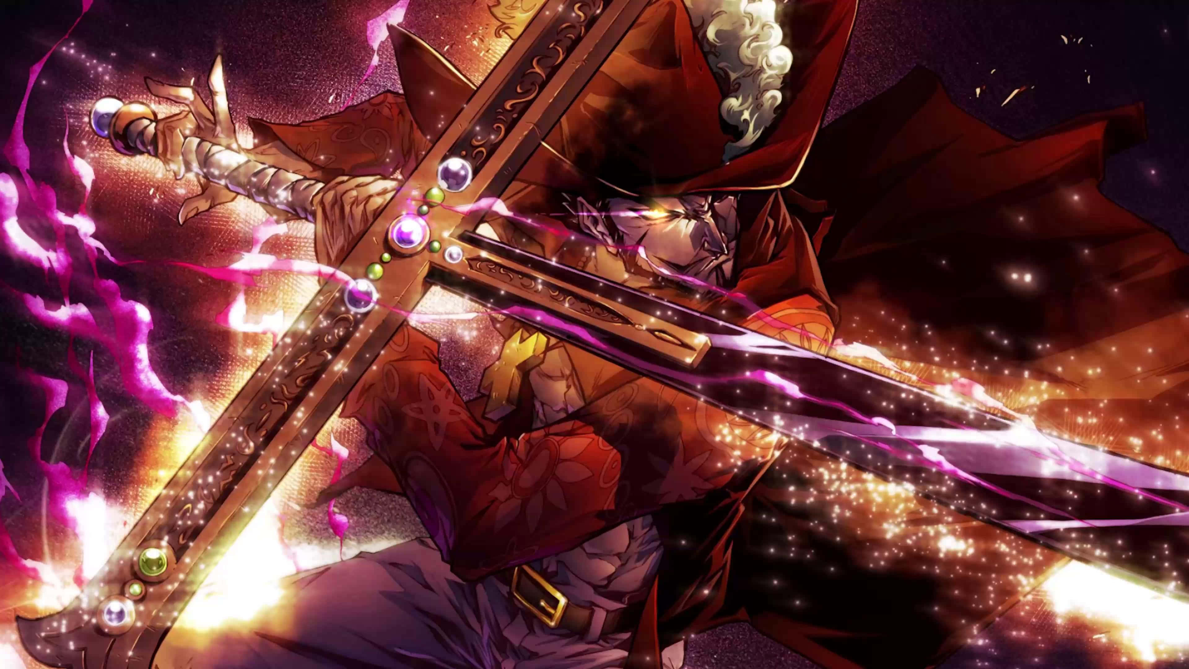 Dracule Mihawk 桌布 壁紙 — 一位披風戰士在旋轉的紫色和金色能量中揮舞著發光的劍，構成一個戲劇性的動漫戰鬥場景。