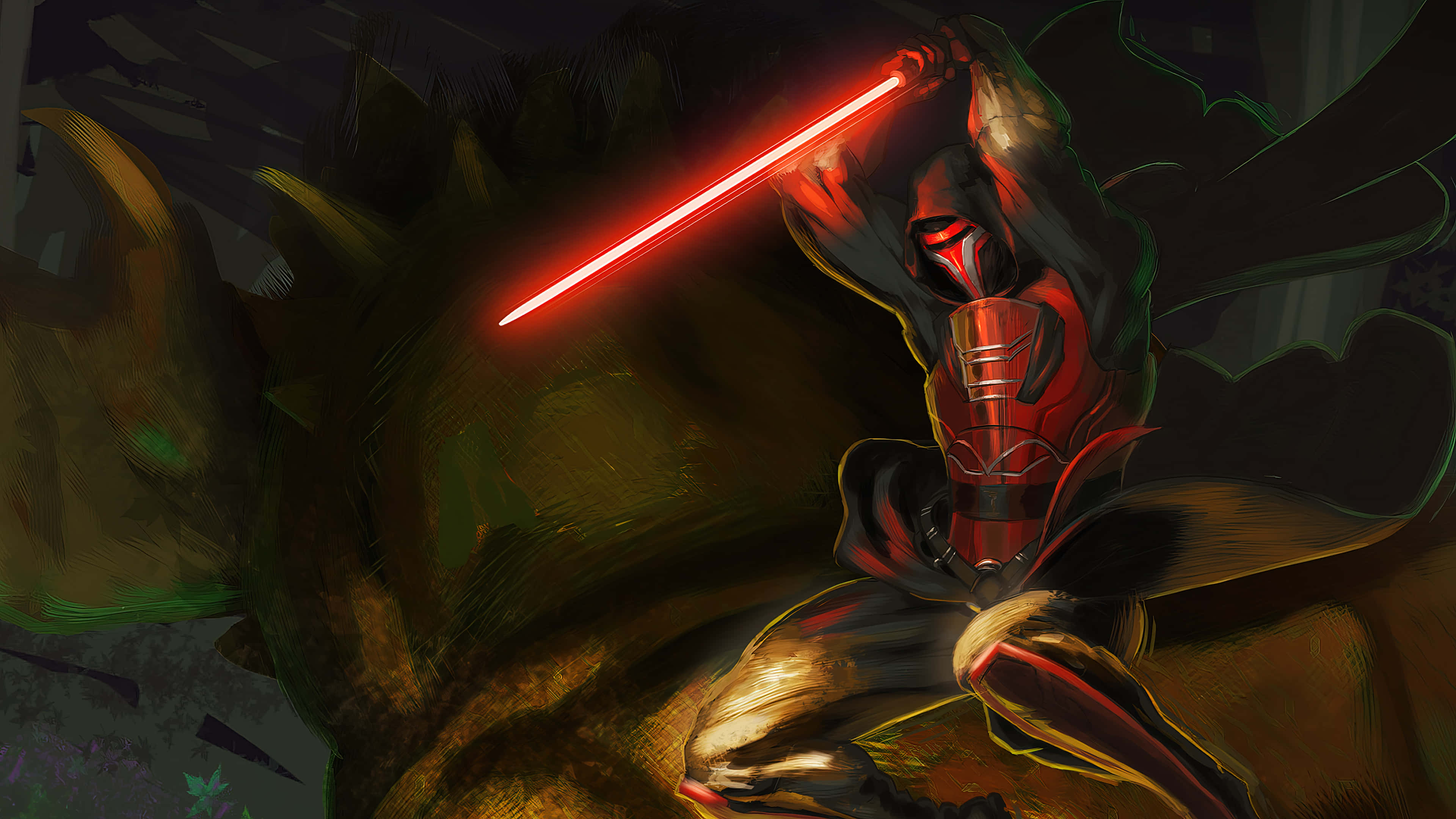Darth Revan 4K 桌布 壁紙 — 一位披風戰士在深色紋理背景上以動態戰鬥姿勢揮舞著發光的紅色光劍。