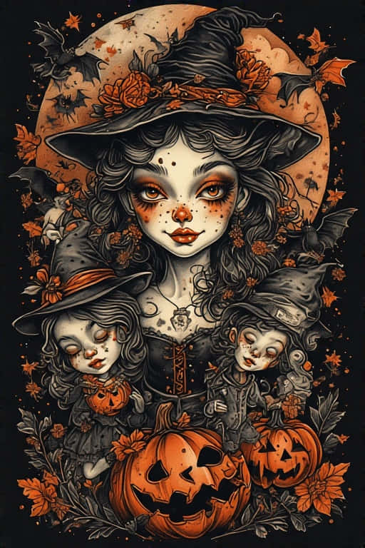 1940s Halloween Witch Vintage Tattoo Flash Style 壁紙 — 一位捲髮、橙色妝容的女巫，在雕刻南瓜旁抱著兩個睏倦的孩子，月亮下有蝙蝠和秋葉。