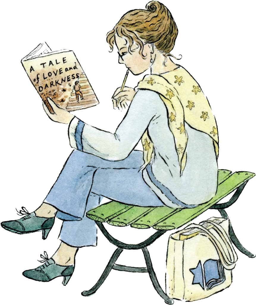 Clip Art 桌布 壁紙 — 一位捲髮女士坐在綠色長椅上，一邊拿著鉛筆，一邊閱讀名為《A Tale of Love and Darkness》的書。