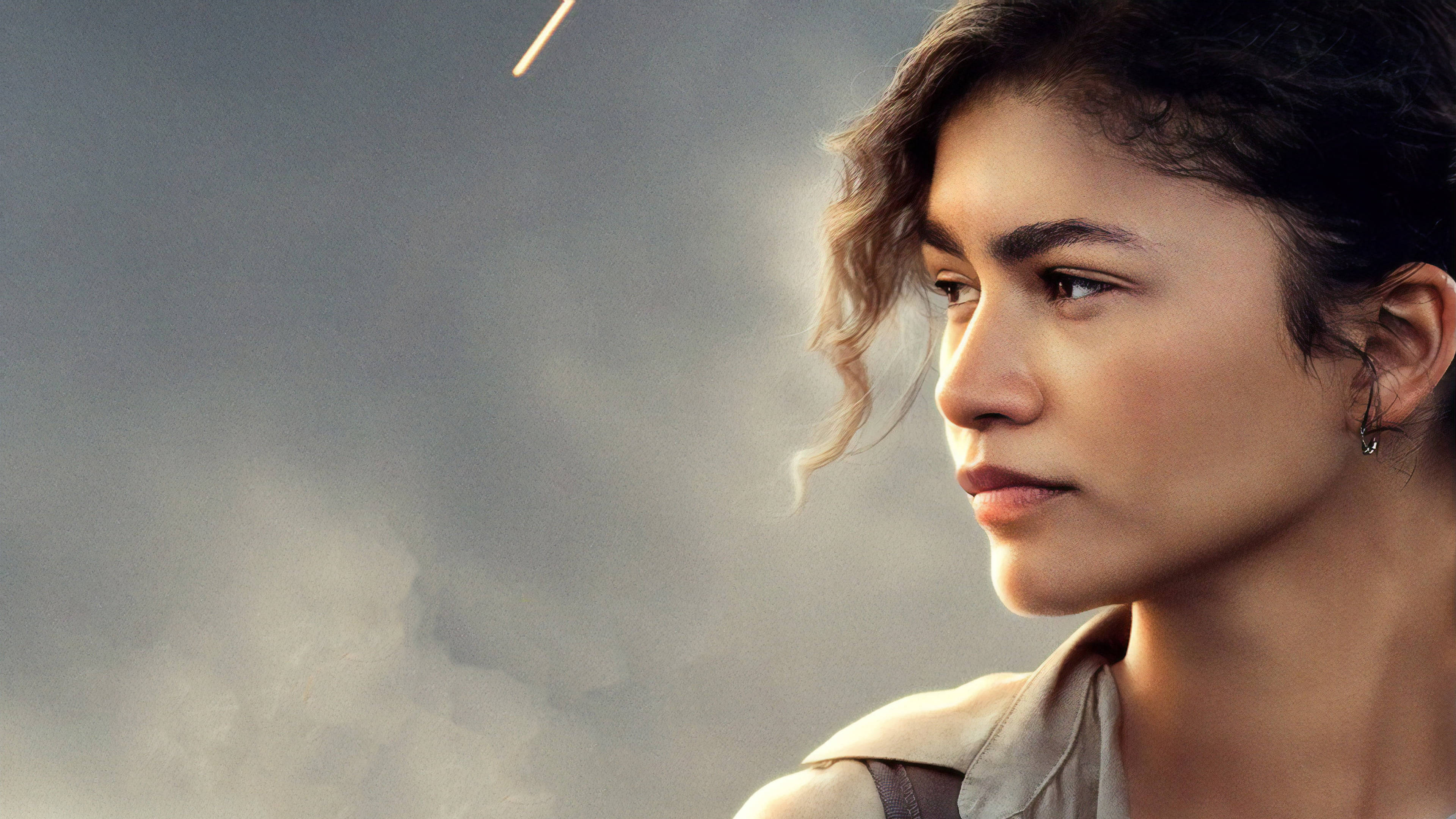 Zendaya 桌布 壁紙 — 一位捲髮女性若有所思地凝視著煙霧瀰漫的灰色天空，上方有一個墜落的物體。