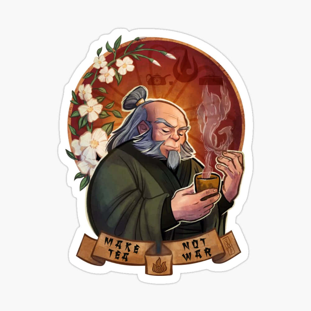 Uncle Iroh 桌布 壁紙 — 一位插圖中的智慧老人，灰色鬍鬚，在櫻花和「make tea not war」橫幅的環繞下啜飲熱茶。