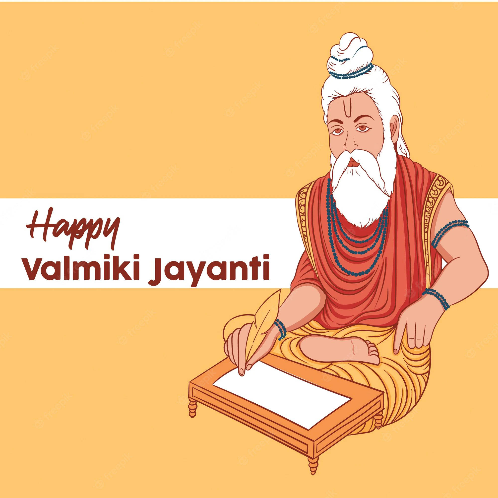 guru nanak dev ji 桌布 壁紙 — 一位插圖中的白鬍子纏頭巾聖人在溫暖的橙色背景上用葉羽筆在卷軸上書寫。