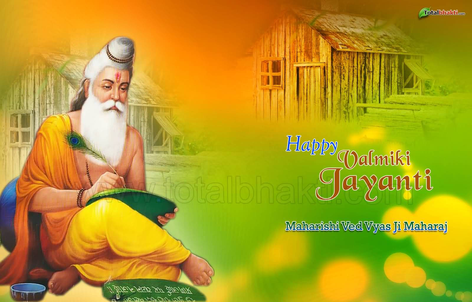 guru nanak dev ji 桌布 壁紙 — 一位插圖中的白鬍子聖人在溫暖發光的天空下，在木屋旁邊的卷軸上書寫。