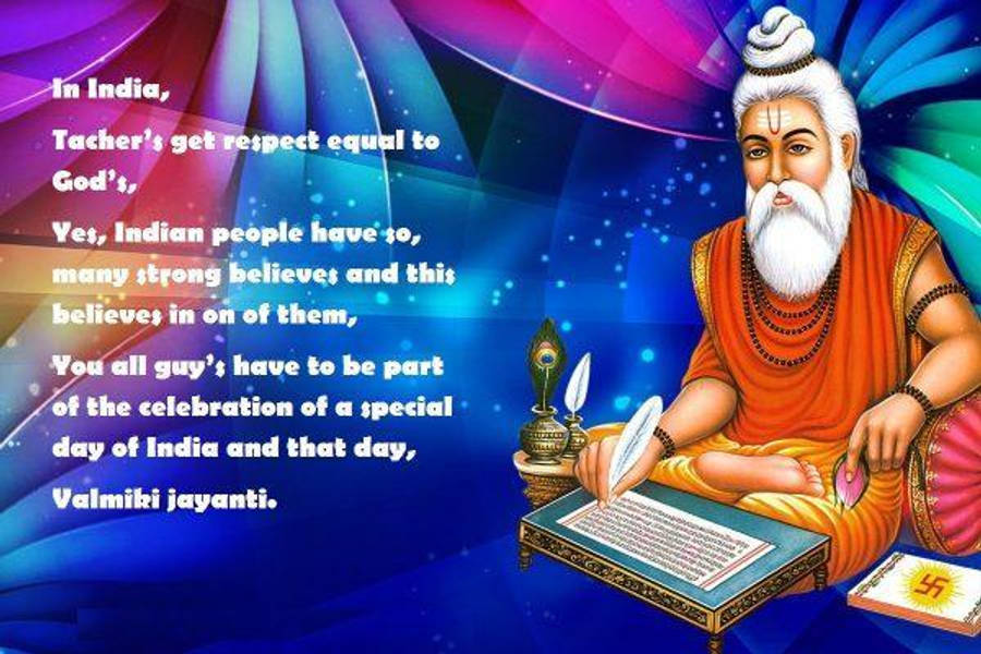 guru nanak dev ji 桌布 壁紙 — 一位插圖中的白鬍鬚聖人穿著橙色長袍，在充滿活力的宇宙背景上書寫卷軸，並帶有文字疊加。
