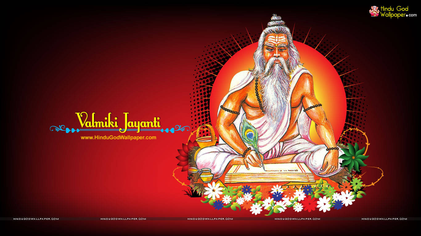 guru nanak dev ji 桌布 壁紙 — 一位插圖中的聖人，長長的白鬍鬚，盤腿而坐，在鮮花環繞下，於鮮紅背景前在卷軸上書寫。