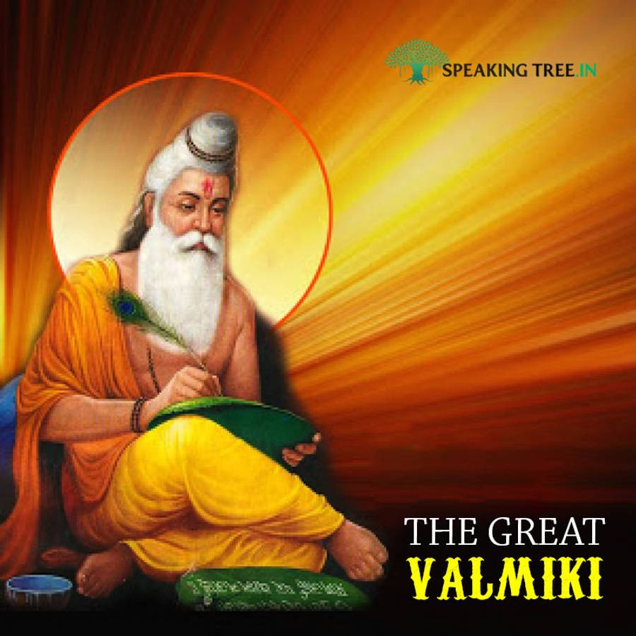 guru nanak dev ji 桌布 壁紙 — 一位插圖中的賢者，白鬍鬚，身穿橙色長袍，在閃耀的金色光環下於綠葉上書寫。