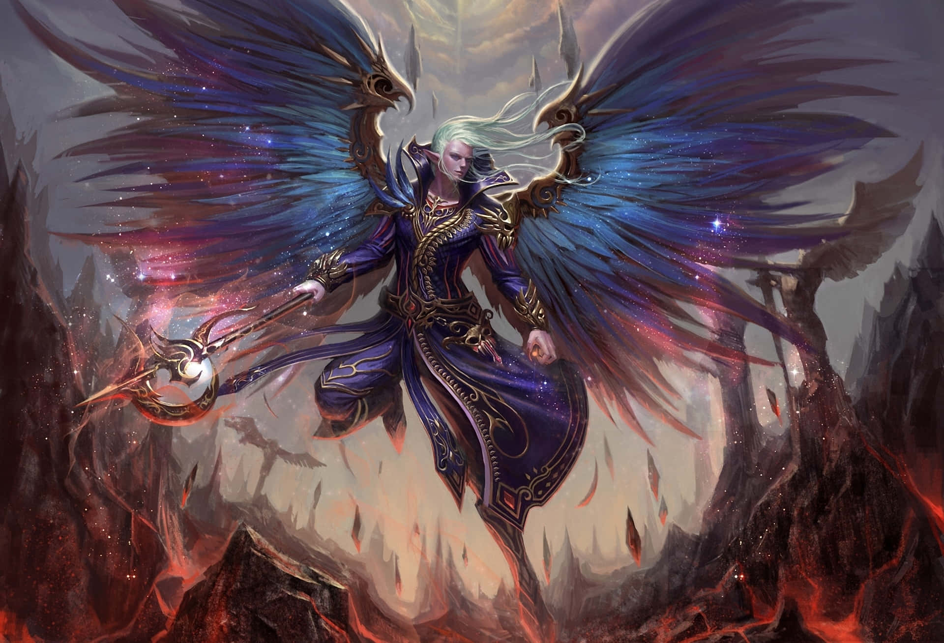 Angelic 桌布 壁紙 — 一位擁有宇宙翅膀和發光劍的威嚴天使，在戲劇性的奇幻場景中翱翔於熾熱的深淵之上。