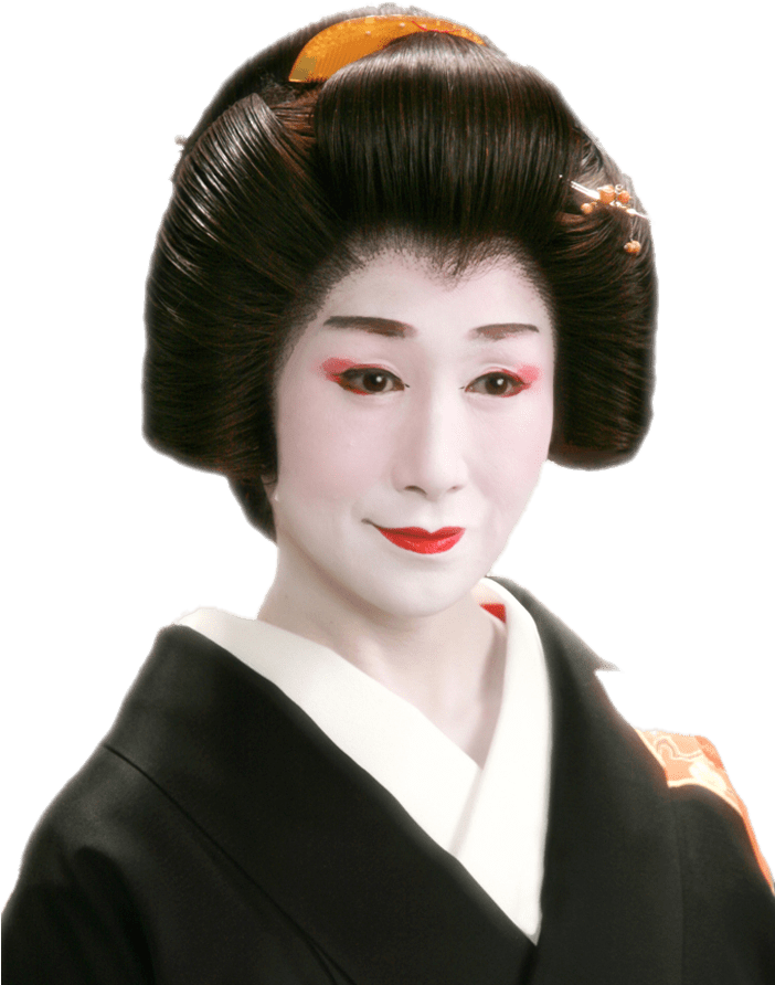 Clip Art 桌布 壁紙 — 一位擁有完美白色妝容和鮮豔紅唇的藝妓，穿著傳統黑色和服，白色衣領，溫柔地凝視著。