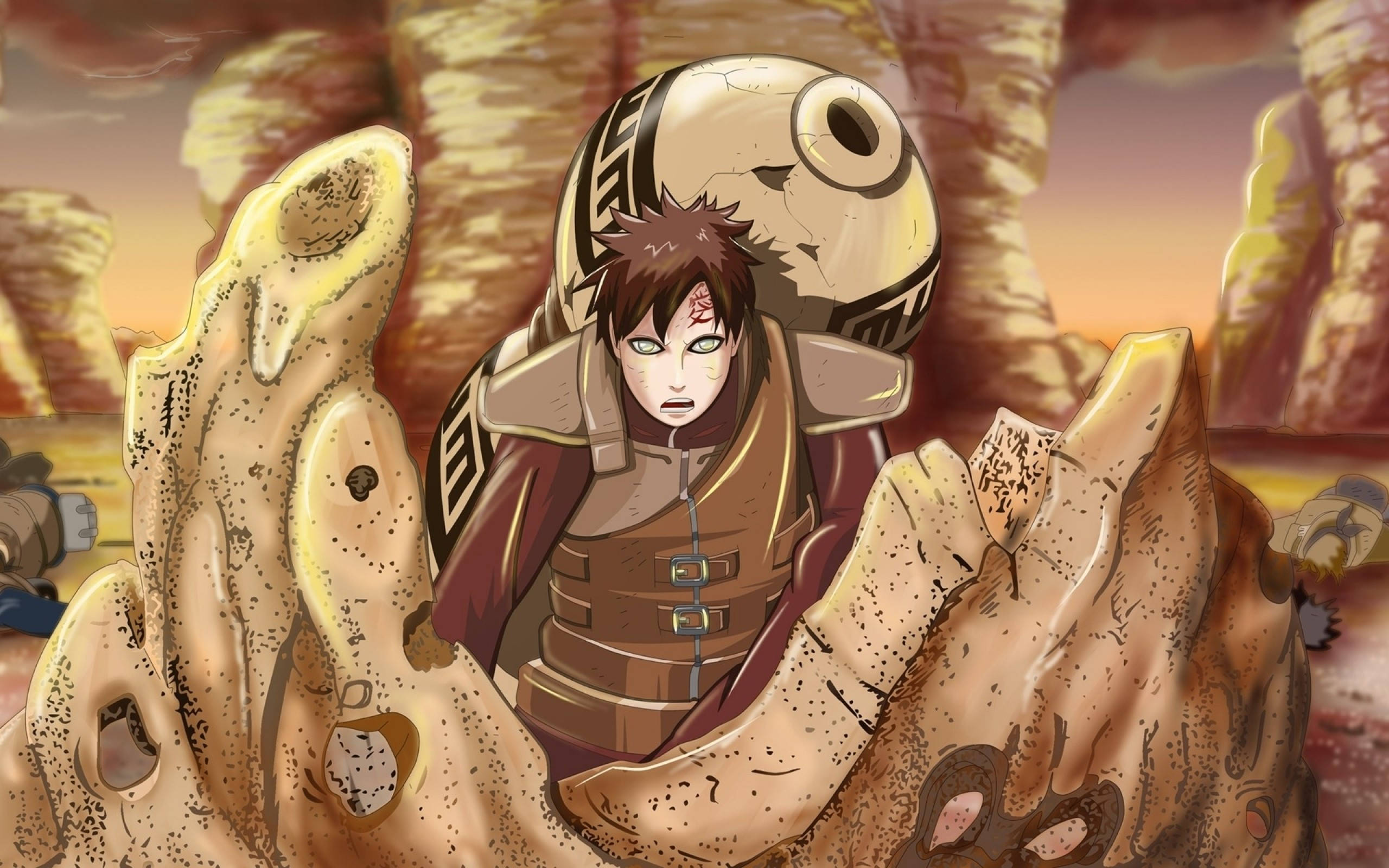 Gaara 桌布 壁紙 — 一位擁有尖刺棕色頭髮和綠色眼睛的動漫戰士，在日落時分從沙漠峽谷的裂縫地面中出現。