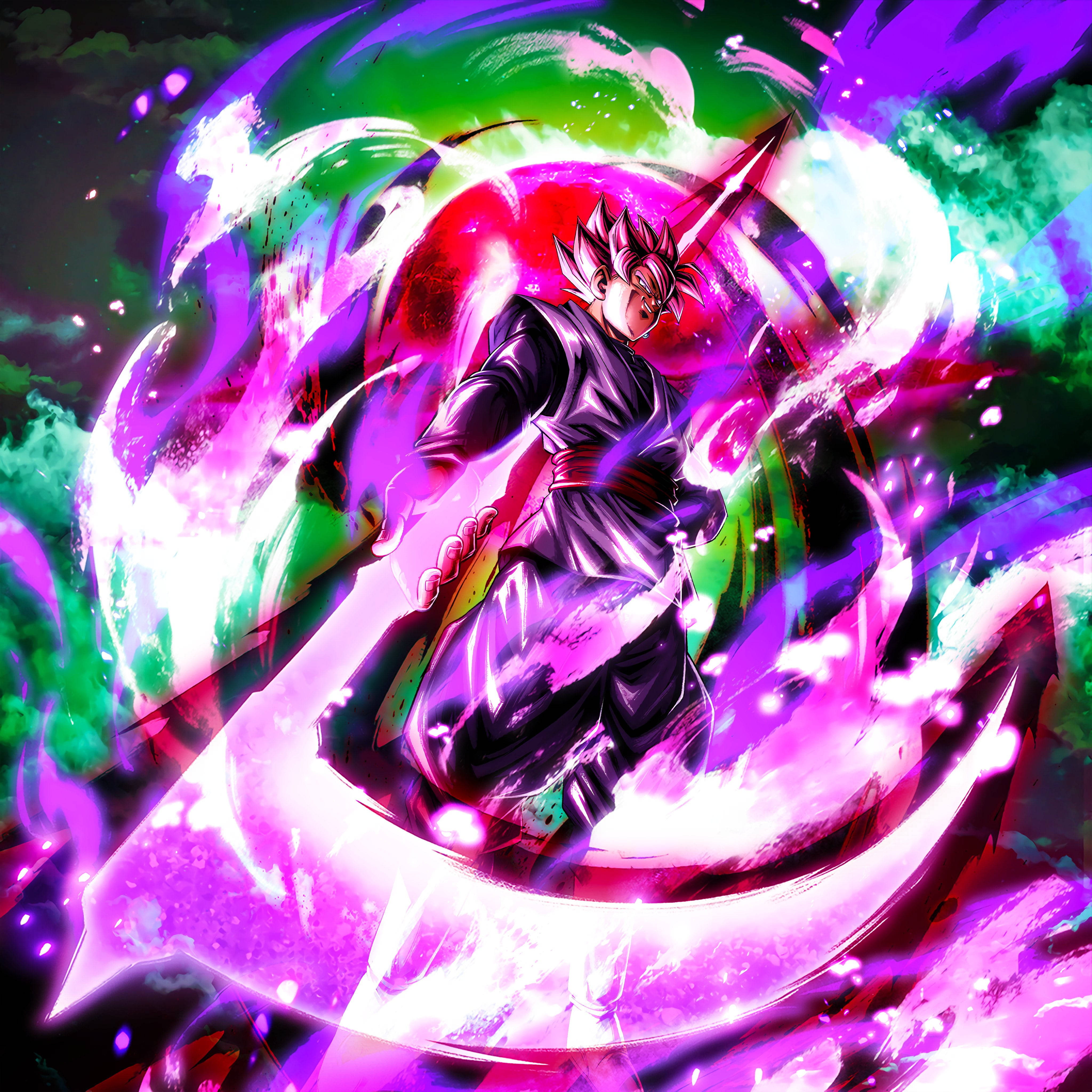 black goku rose 4K 桌布 壁紙 — 一位擁有尖刺粉紅色頭髮的強大動漫戰士，在旋轉的綠色和粉紅色宇宙背景下釋放出發光的紫色能量攻擊。