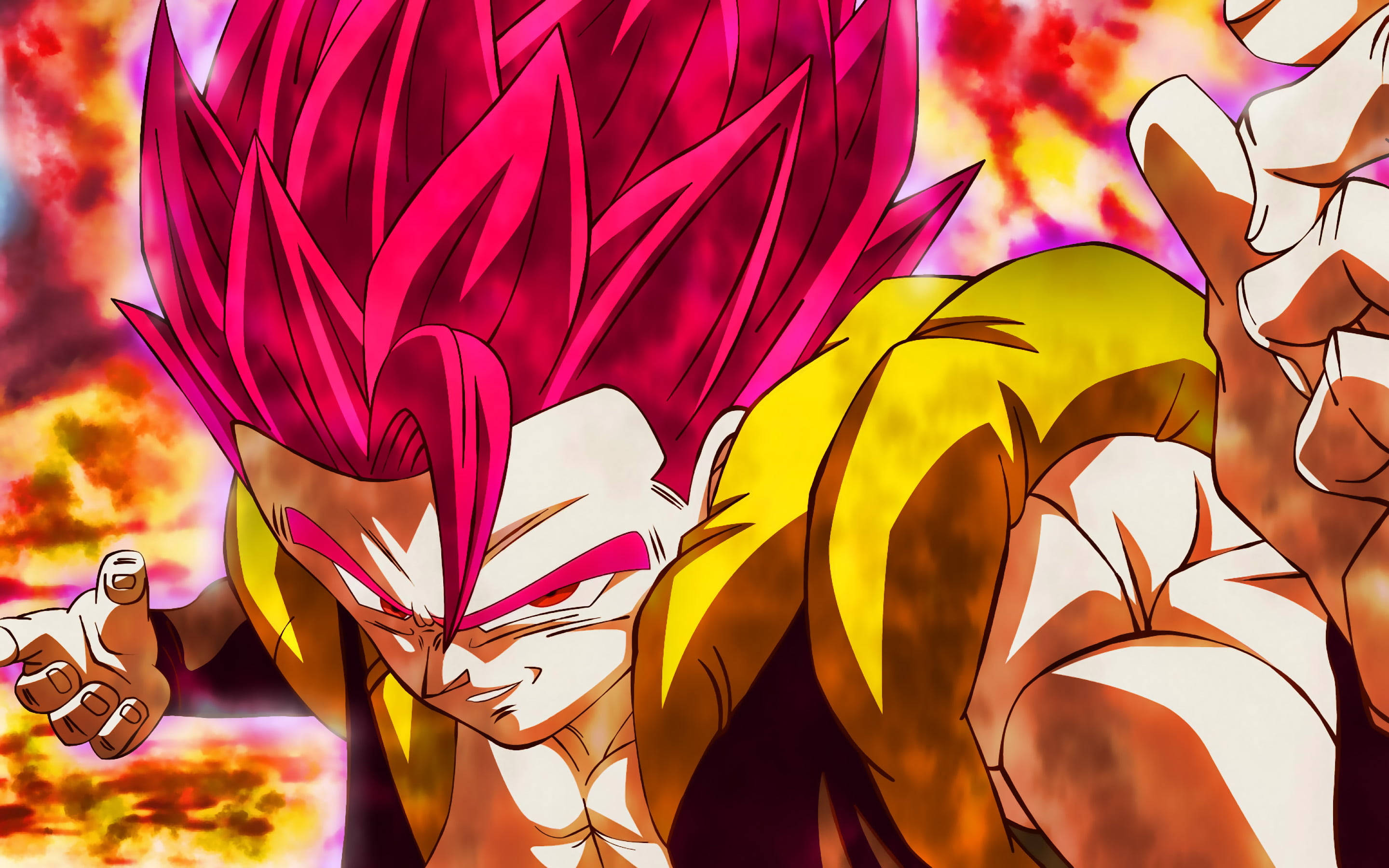 black goku rose 4K 桌布 壁紙 — 一位擁有尖刺粉紅頭髮和黃色光環的強大動漫戰士，在熾熱的背景中戰鬥。