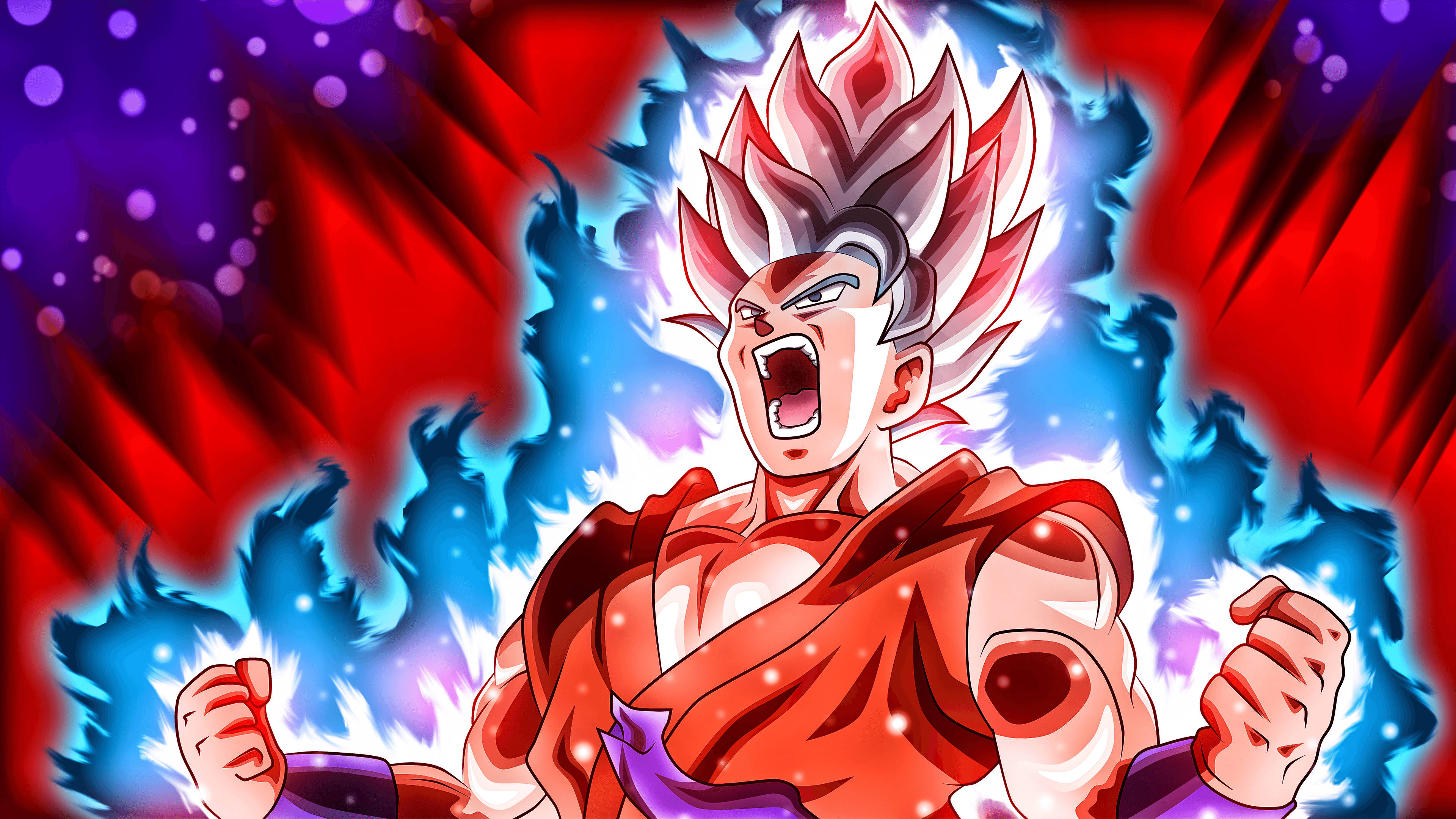 kaioken 桌布 壁紙 — 一位擁有尖刺紅白頭髮的強大動漫戰士，在宇宙背景下爆發藍色和紅色能量中咆哮。