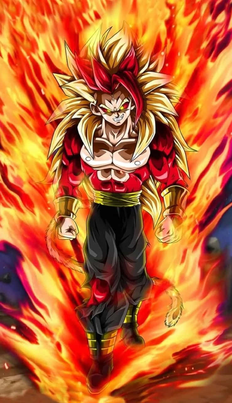 Vegeta Super Saiyan 4 桌布 壁紙 — 一位擁有尖刺紅金頭髮的強大動漫戰士，在咆哮的火焰中以動態戰鬥姿勢站立。