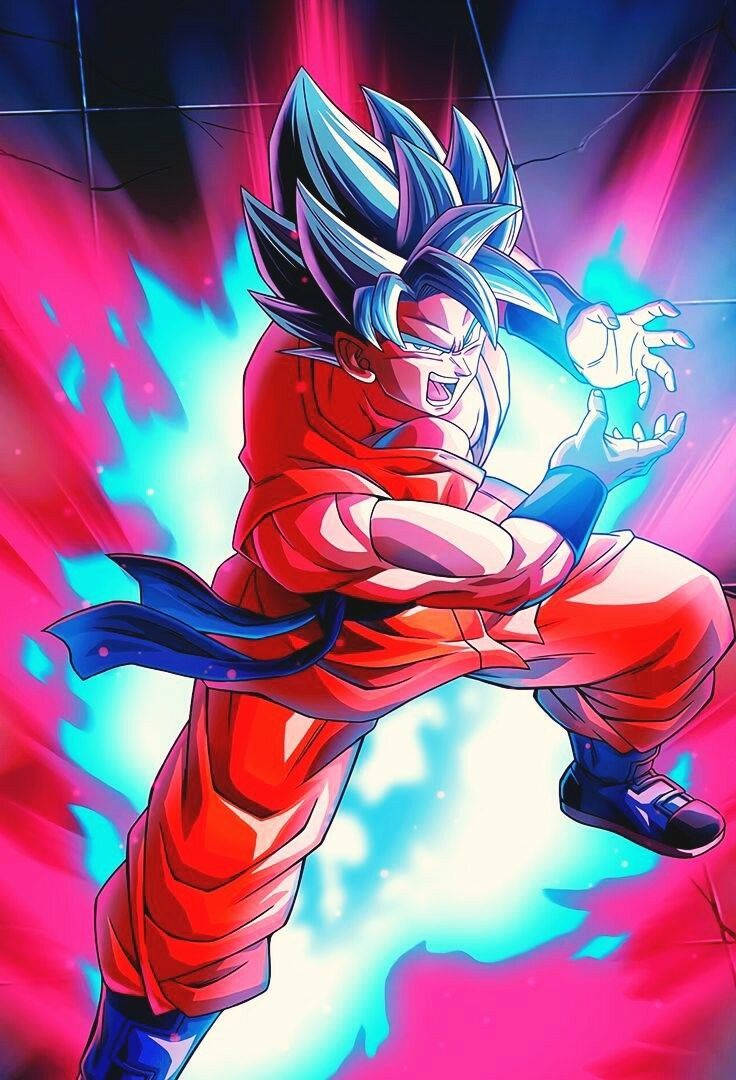 kaioken 桌布 壁紙 — 一位擁有尖刺藍色頭髮和紅色道服的強大動漫戰士，在充滿活力的霓虹燈戰鬥場景中釋放能量。