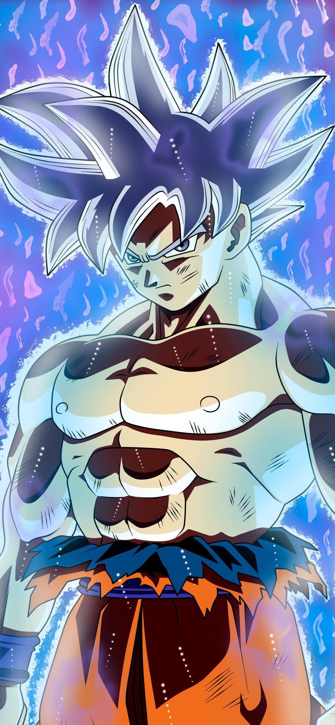 Dbz 桌布 壁紙 — 一位擁有尖刺銀髮和發光眼睛的強大動漫戰士，站在充滿活力的藍色和紫色能量背景前。