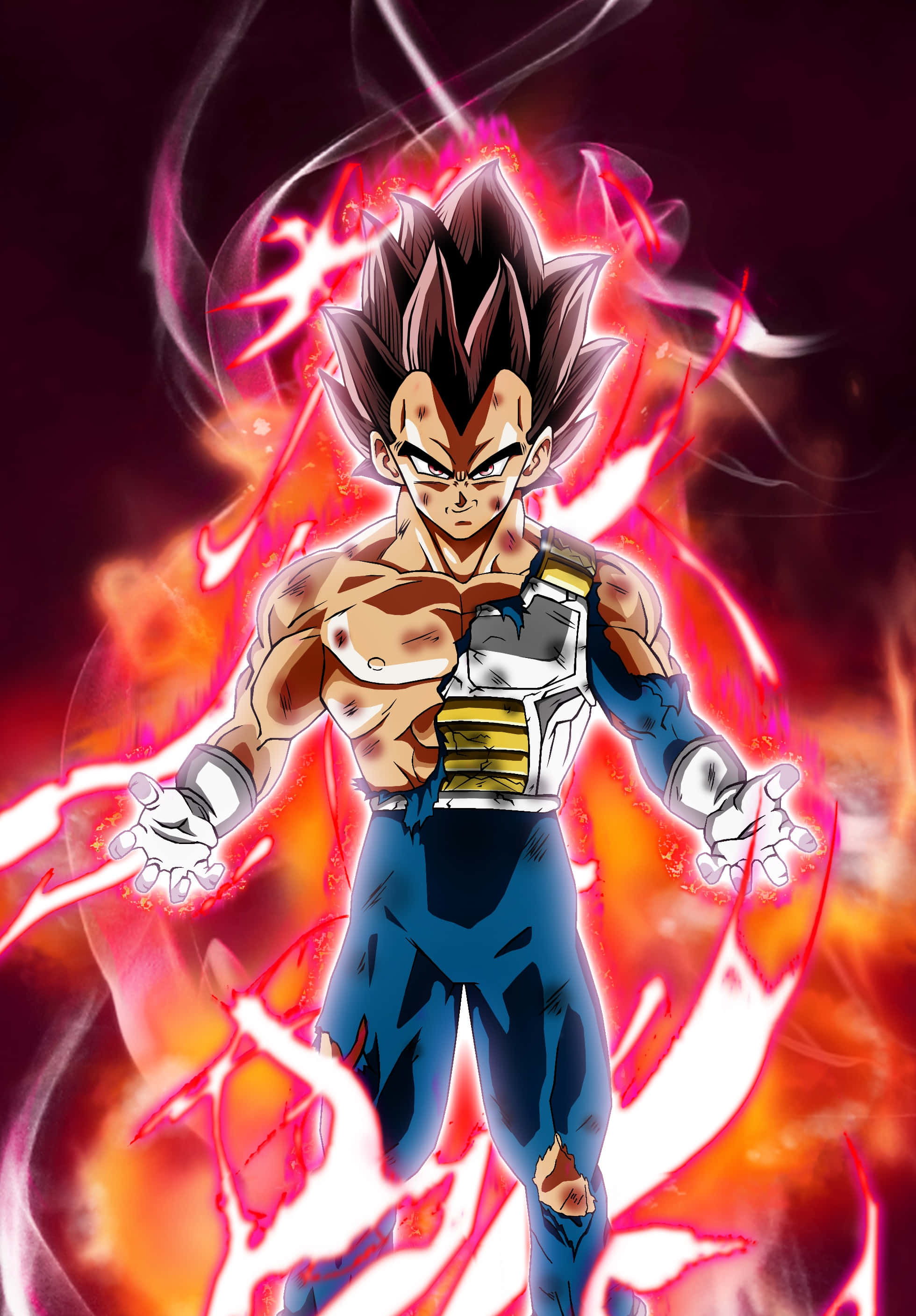Vegeta Ultra Instinct 桌布 壁紙 — 一位擁有尖刺頭髮和戰鬥盔甲的強大動漫戰士，站在旋轉的紅色和橙色能量火焰之中。