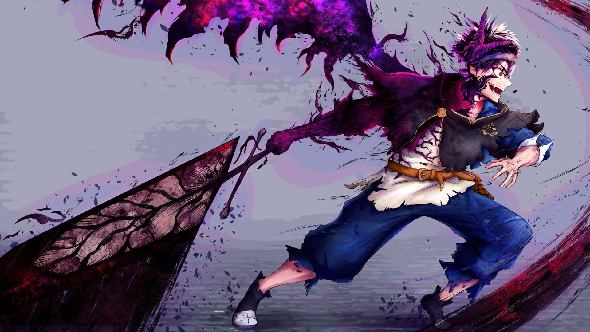 Asta Black Clover 4K 桌布 壁紙 — 一位擁有尖刺頭髮和紫色光環的動漫戰士，在灰色戰場上揮舞著巨大的黑暗之刃。