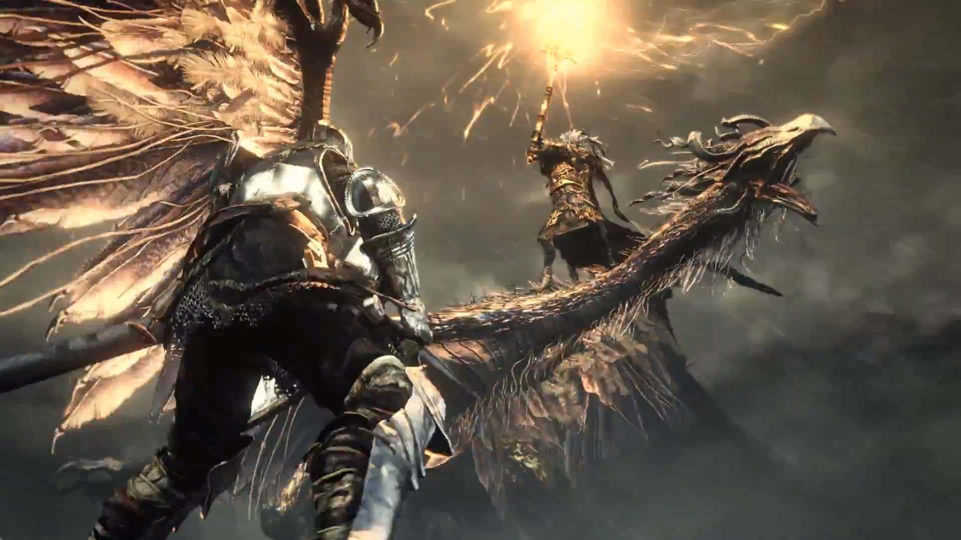 Dark Souls Boss 桌布 壁紙 — 一位擁有巨大羽毛翅膀的騎士在黑暗暴風雨的天空中與龍戰鬥，同時一個發光的球體在他們上方爆炸。