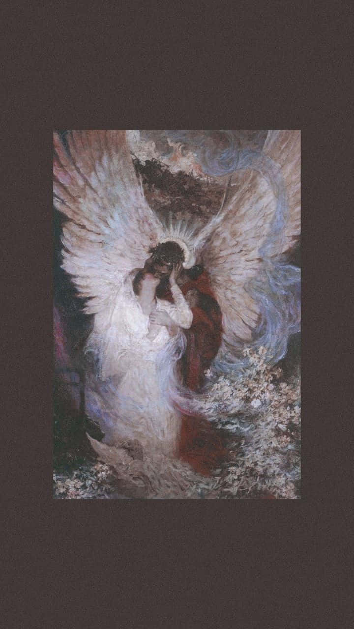 Renaissance 桌布 壁紙 — 一位擁有廣闊白色翅膀的天使，在夢幻般的空靈畫作中擁抱著一個悲傷的人物。