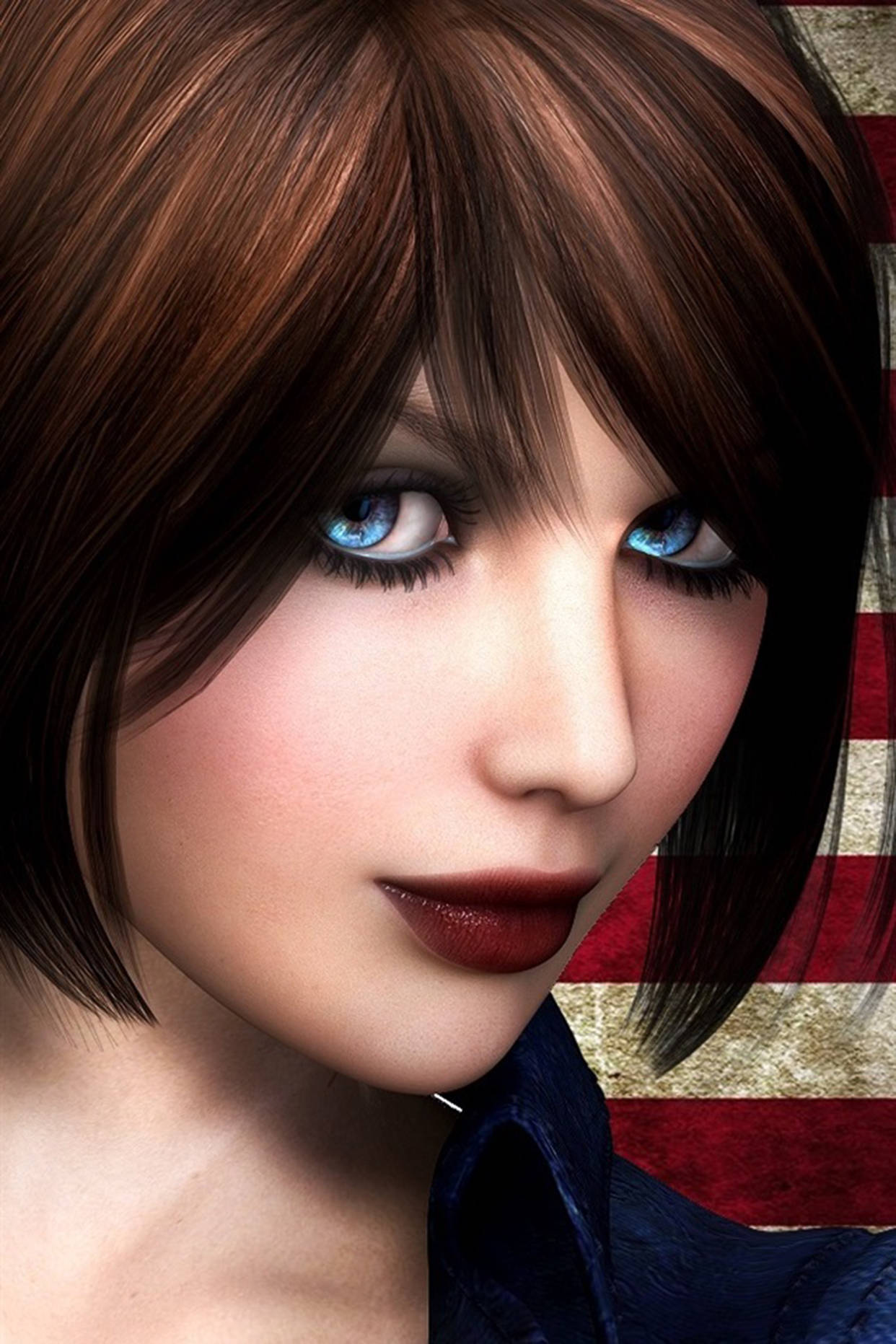 Bioshock Infinite iPhone 桌布 壁紙 — 一位擁有引人注目的藍眼睛和短棕髮的女性特寫，背景為帶有紋理的紅色和金色。