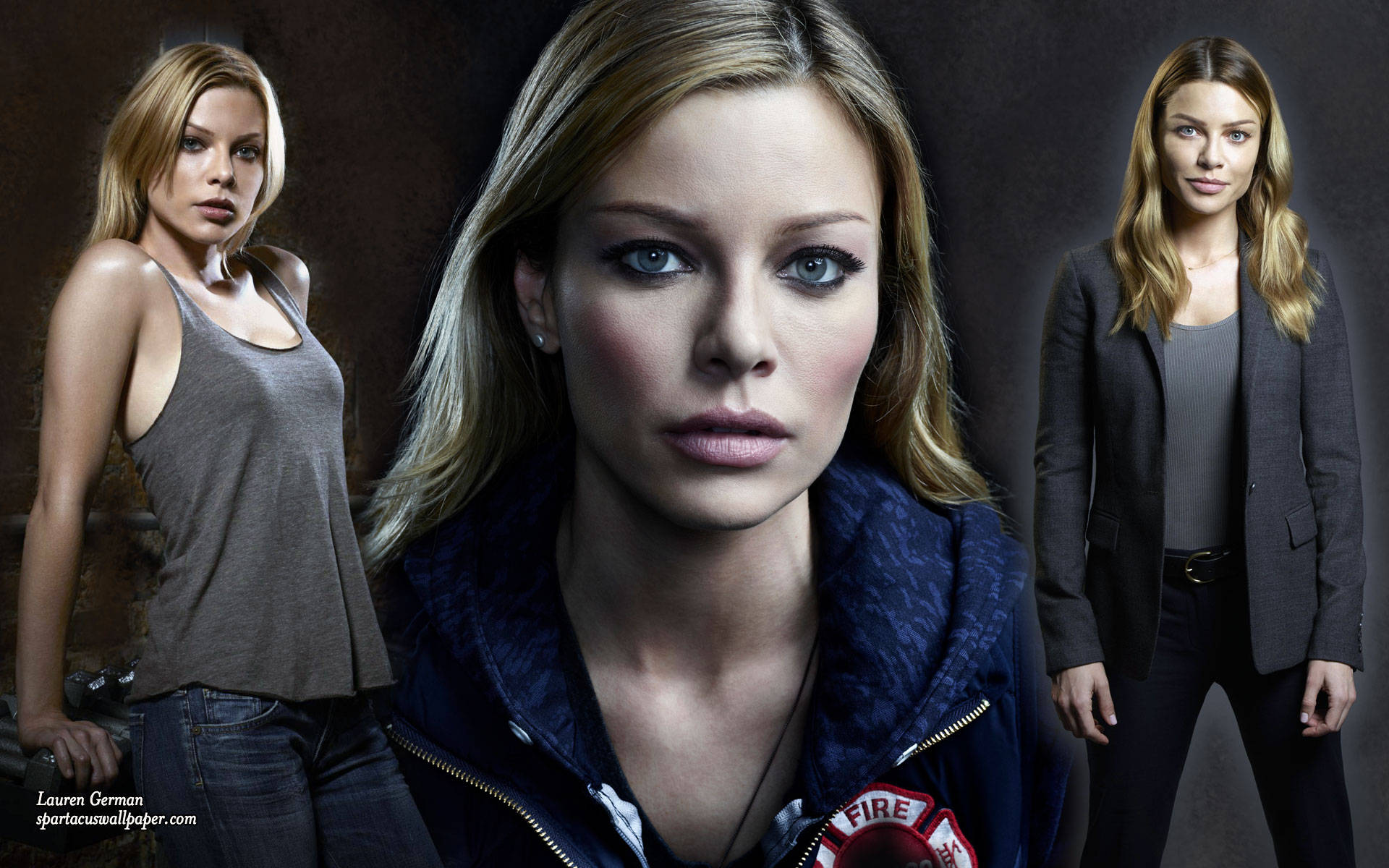 Lauren German 桌布 壁紙 — 一位擁有引人注目的藍眼睛的女性以三種姿勢展示，穿著休閒和專業服裝，背景為深色工作室。