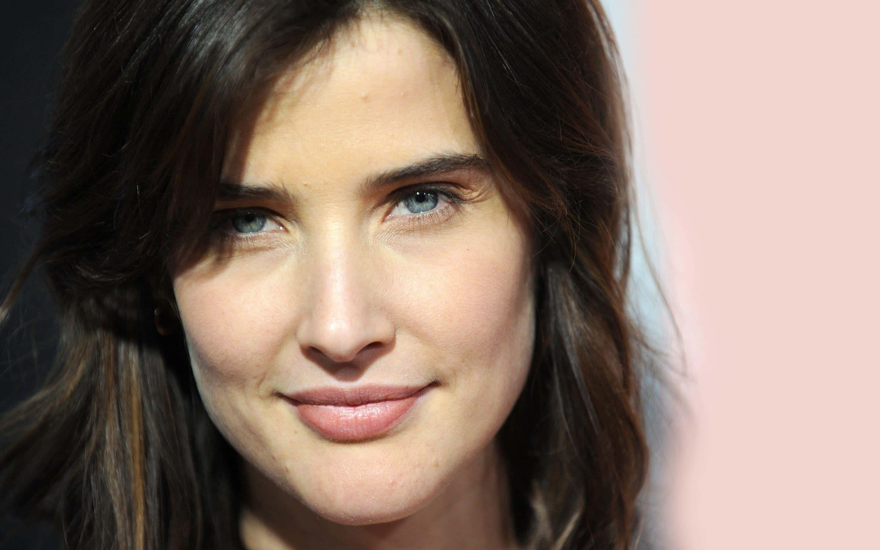 Cobie Smulders 桌布 壁紙 — 一位擁有引人注目的藍色眼睛和深色頭髮的女性，在柔和的粉紅色和黑色背景下的特寫肖像。