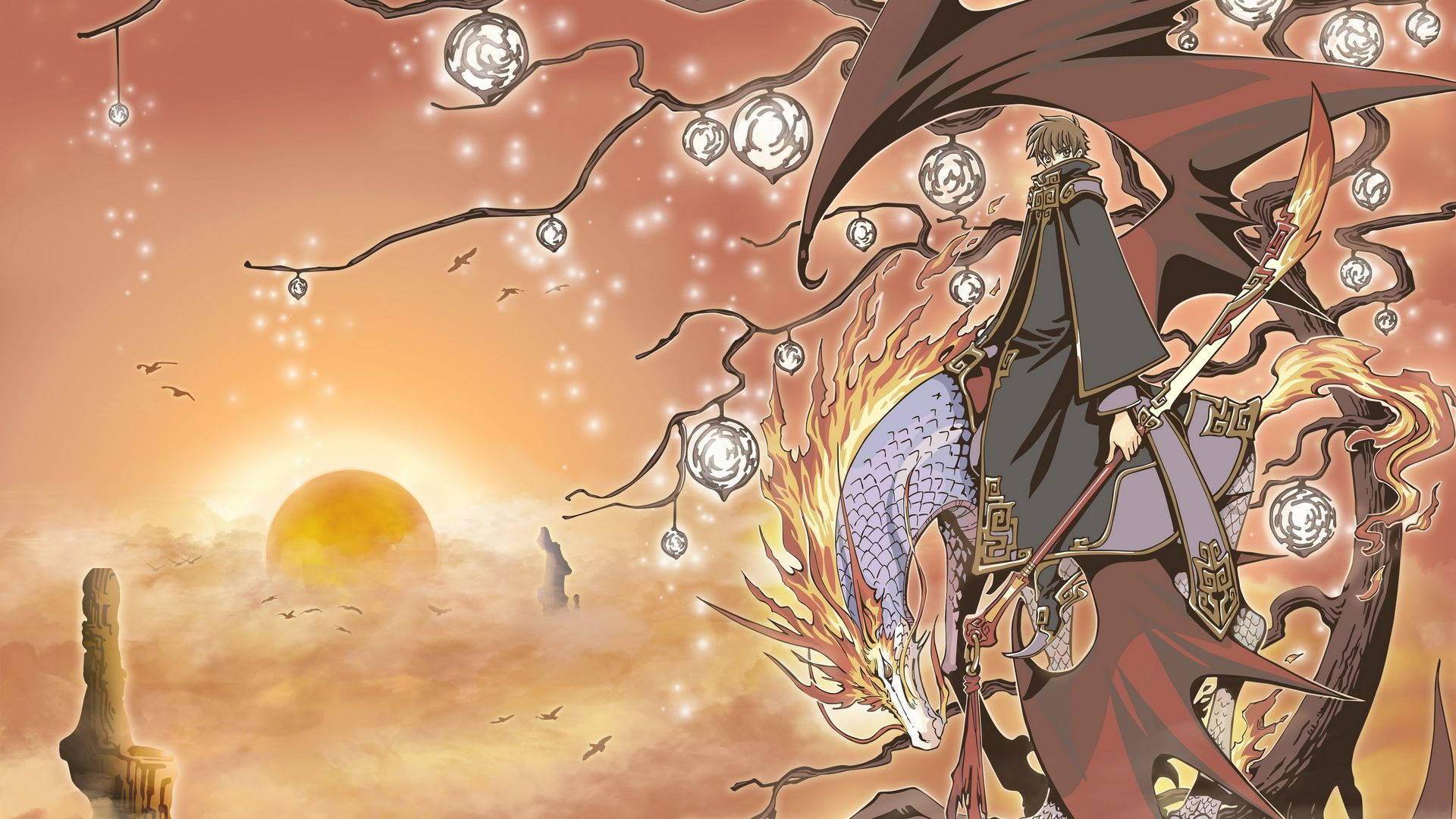 tsubasa reservoir chronicle 桌布 壁紙 — 一位擁有暗色翅膀的戰士騎著一條火龍，在裝飾著發光球體和光禿樹枝的日落天空下。