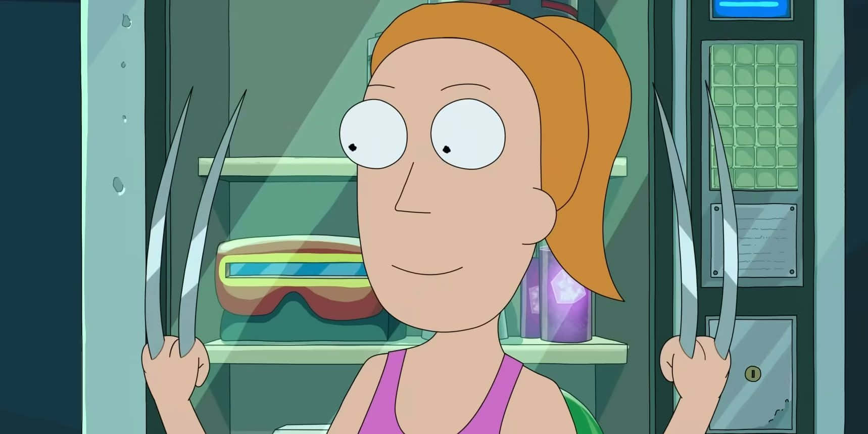 Summer Smith 桌布 壁紙 — 一位擁有橙色頭髮和亞德曼金屬爪的卡通女性站在實驗室中，冷靜地伸出爪子。