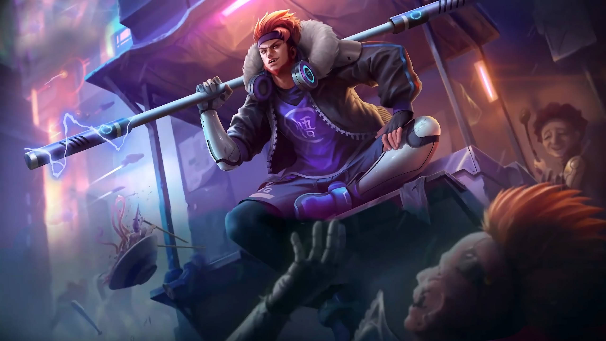 Mobile Legends 動態圖 桌布 壁紙 — 一位擁有橙色頭髮和發光法杖的兇猛動漫戰士主宰著霓虹燈閃爍的城市戰場。